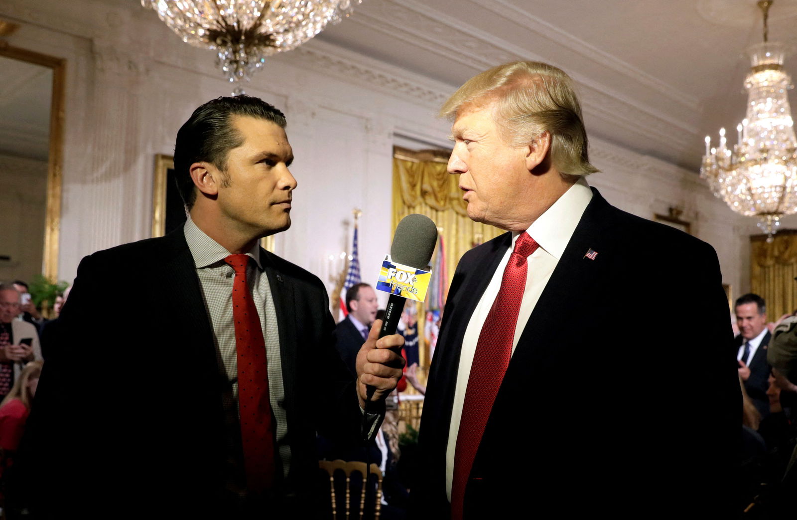 President Donald Trump is interviewed by Fox and Friends co-host Pete Hegseth at the White House in Washington, D.C. on April 6, 2017.