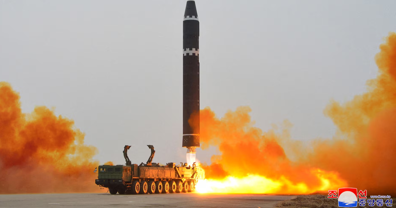 A Hwasong-15 intercontinental ballistic missile is launched at Pyongyang International Airport, in Pyongyang, North Korea, Feb. 18, 2023 in this photo released by North Korea's Korean Central News Agency.