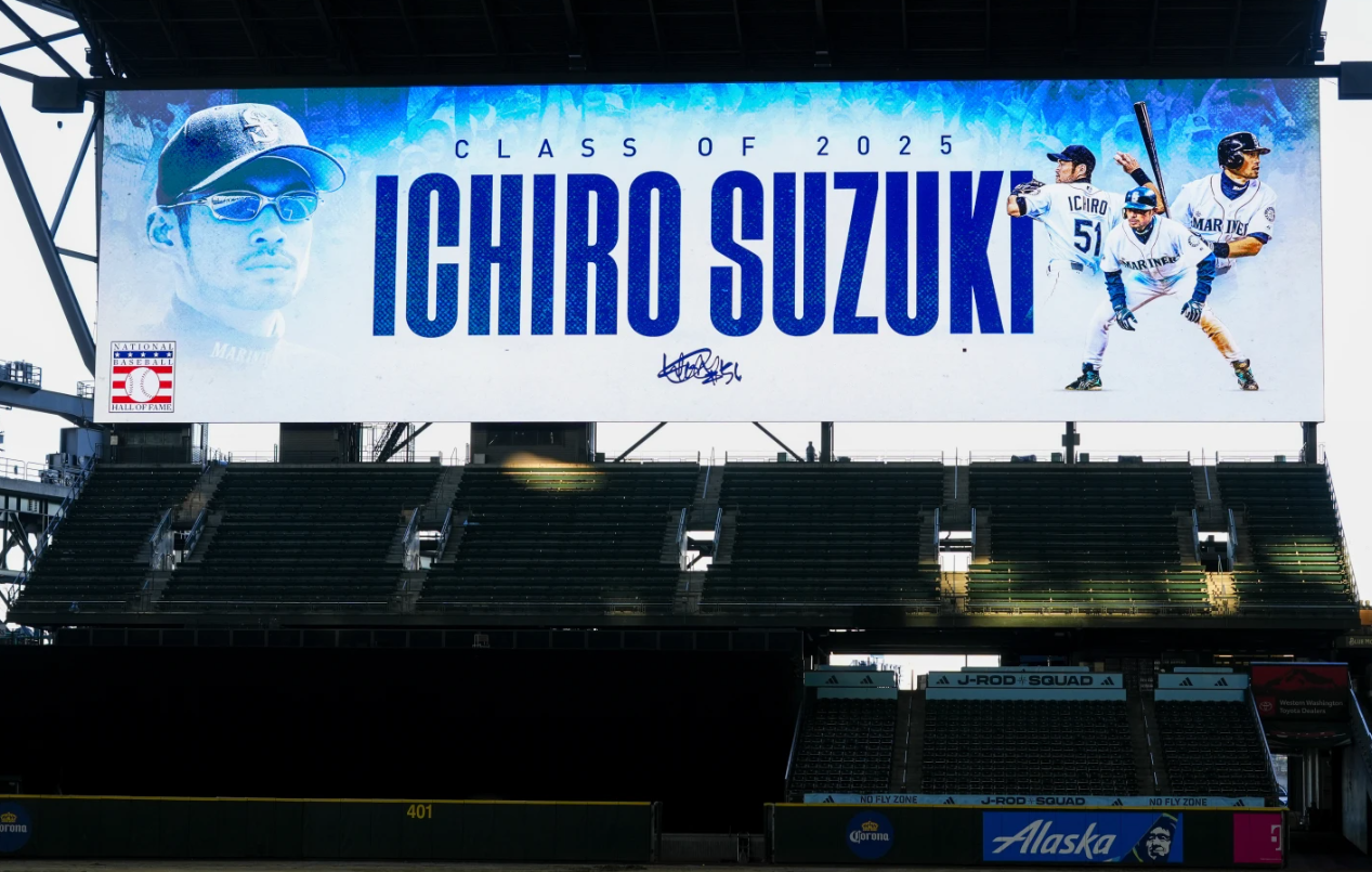 The outfield screen at T-Mobile Park displays a graphic for former Seattle Mariners right fielder Ichiro Suzuki following his election to the National Baseball Hall of Fame Tuesday, Jan. 21, 2025 in Seattle.