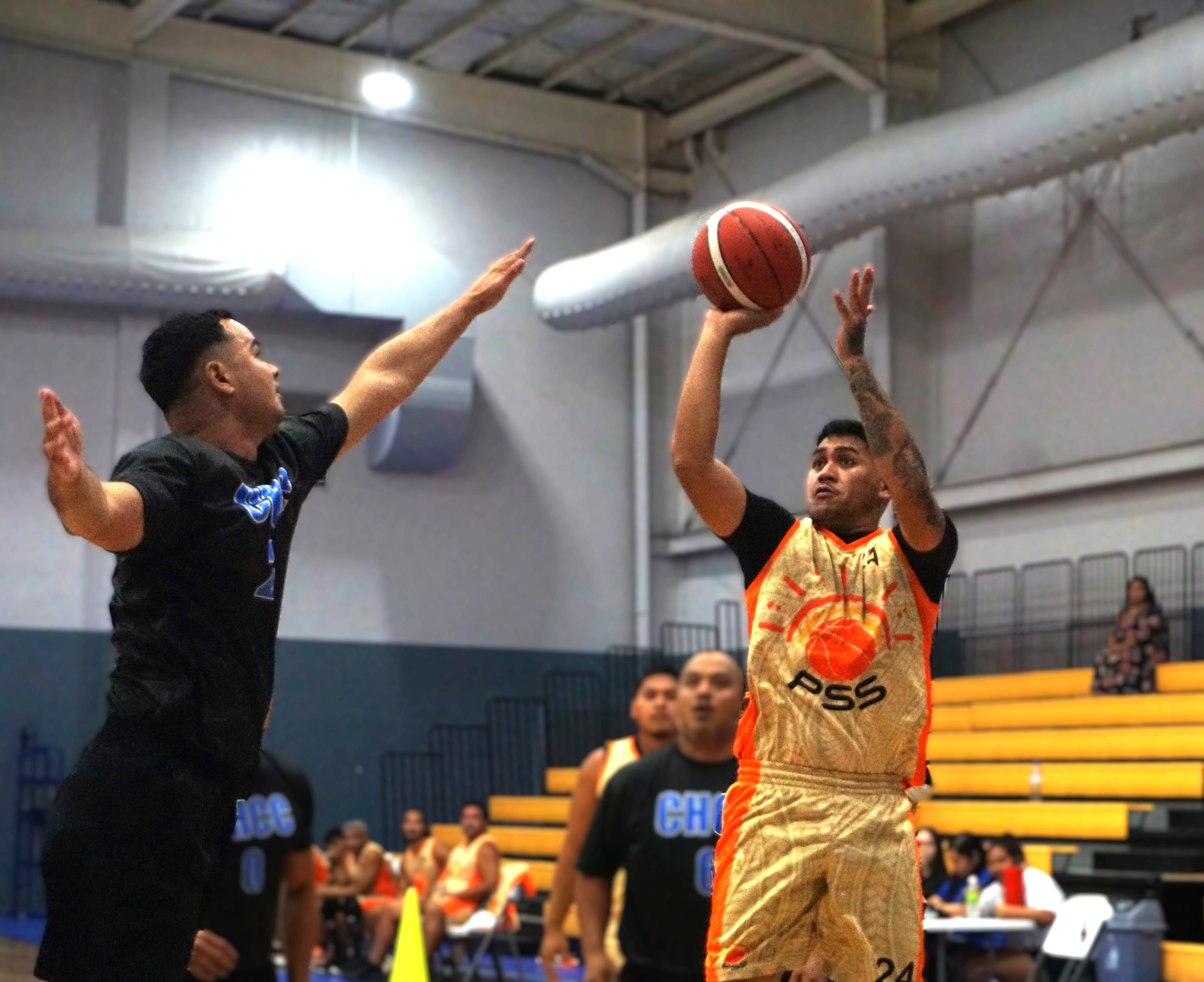 PSS’ Melvin Sakisat takes the contested jump shot during a game of the 2024 R&J Wine and Liquor Inter-Government/Business League at Ada gym on Tuesday.