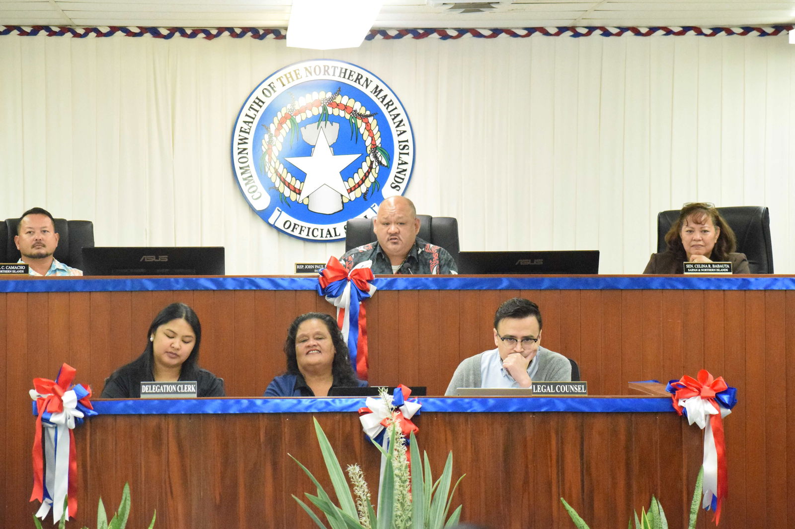 Saipan and Northern Islands Legislative Delegation Chairman, John Paul P. Sablan, center, with Sen. Celina R. Babauta, right, the delegation vice chair, and Rep. Joel Camacho, the floor leader, during an organizational session on Friday in the House chamber.