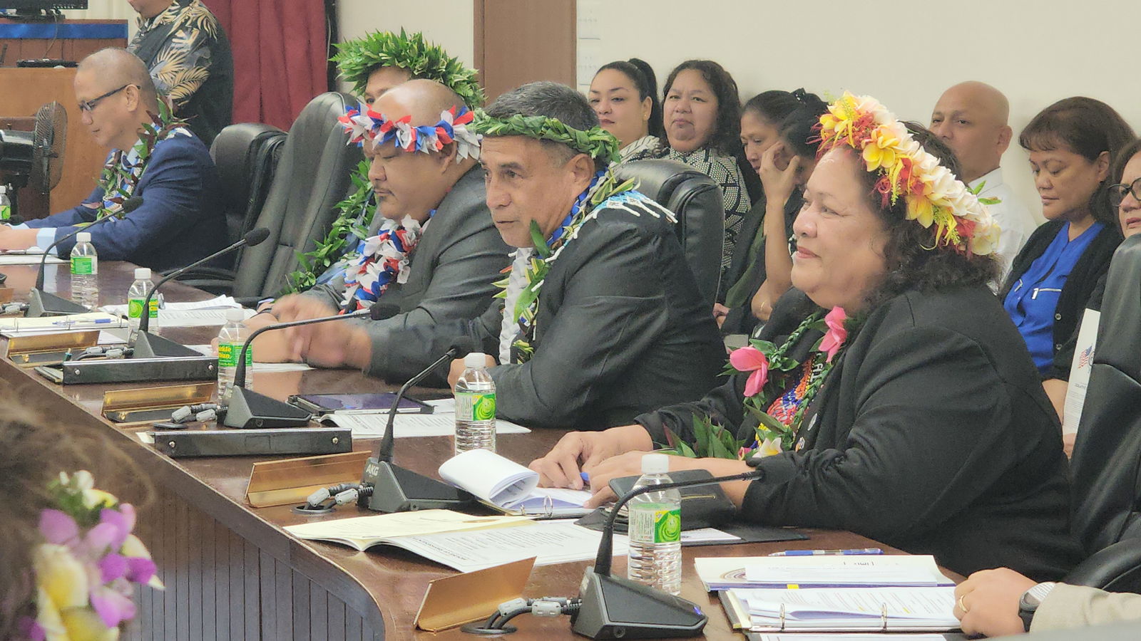 Rep. Elias Jerome M. Rangamar, second right, delivers his remarks. Also in photo: Reps. Vincent Aldan, John Paul Sablan, and Denita Yangemai.