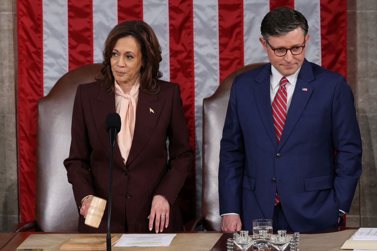 Vice President Kamala Harris and Speaker of the House Mike Johnson attend a joint session of Congress to certify Donald Trump's election, at the U.S. Capitol in Washington, D.C., Jan. 6, 2025.
