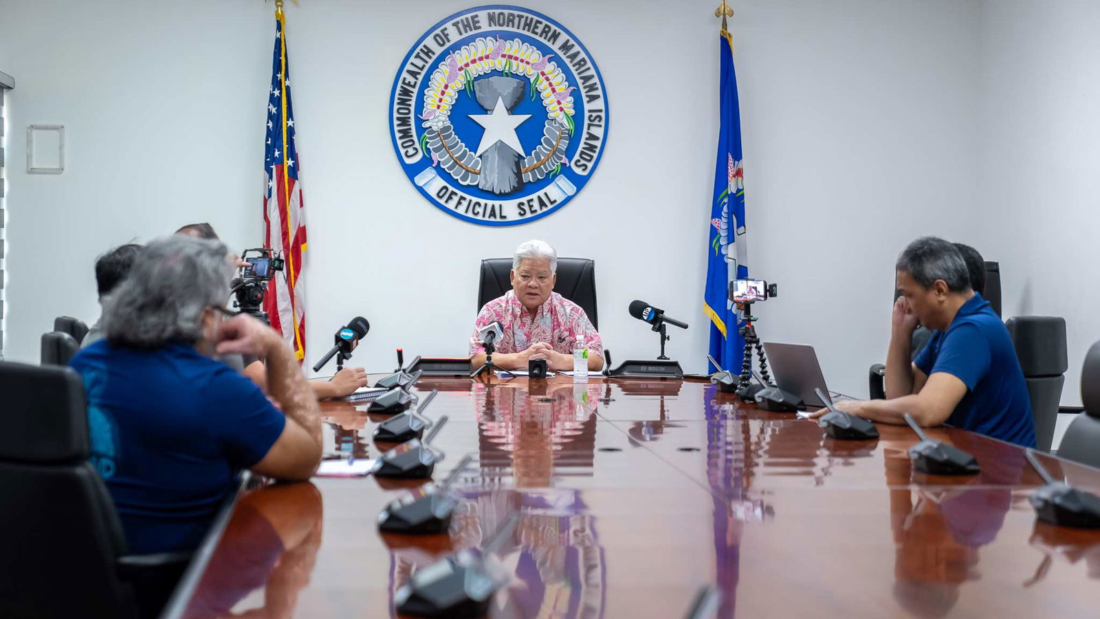 Gov. Arnold I. Palacios speaks during a press conference on Thursday at the administration building on Capital Hill.