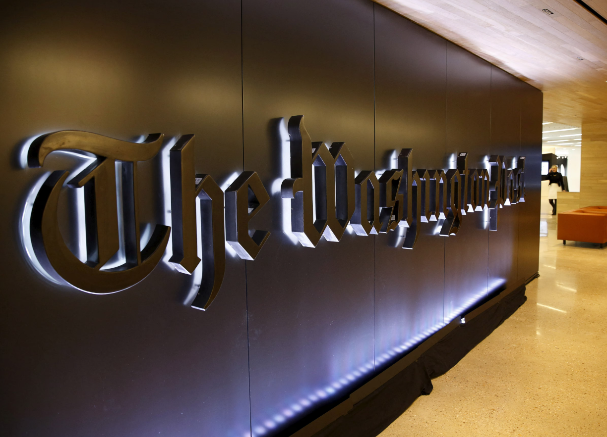 The newspaper's banner logo is seen during the grand opening of the Washington Post newsroom in Washington, Jan. 28, 2016. 
