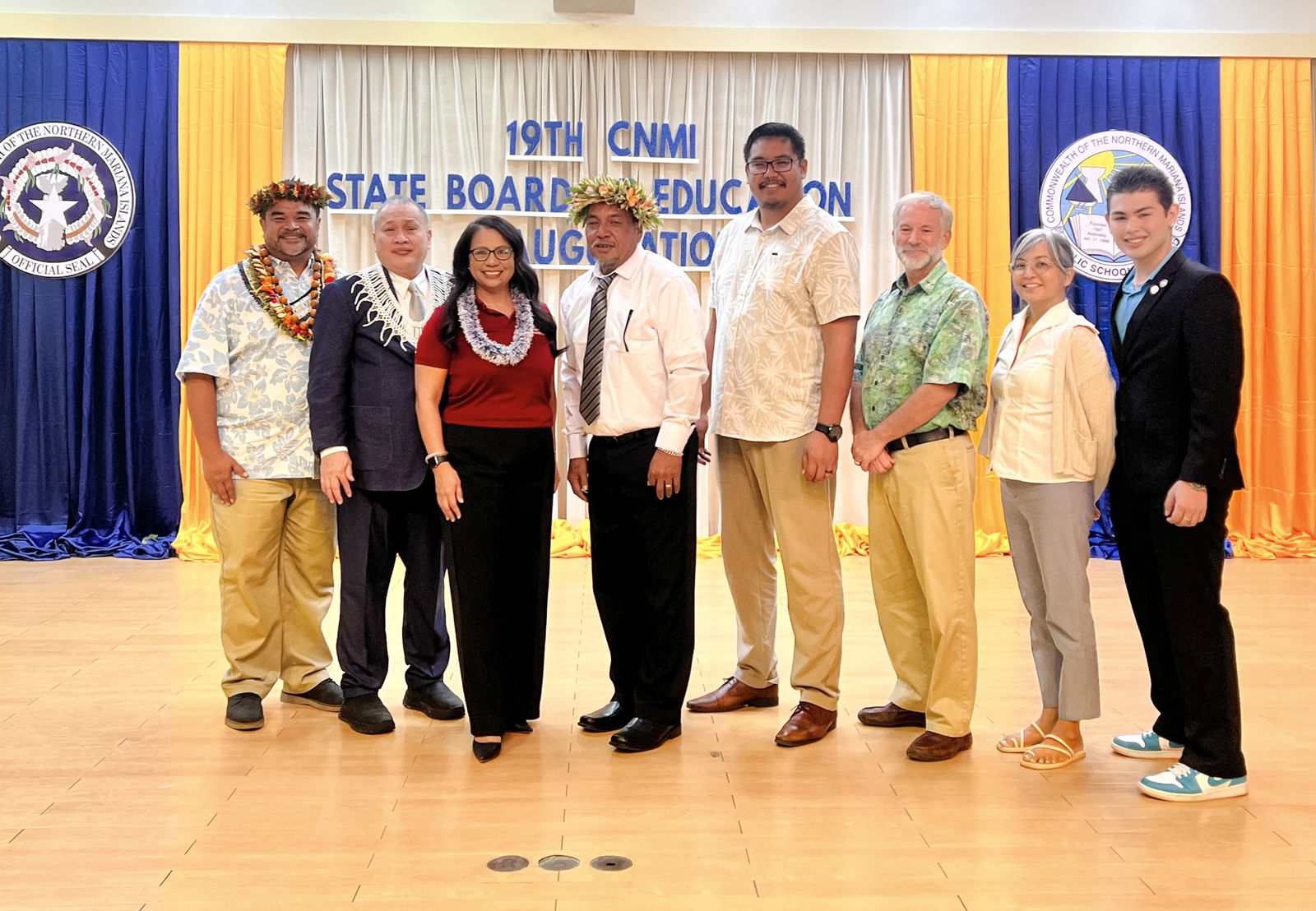 The 19th Board of Education, from left: Aschumar Kodep Ogumuro-Uludong, chair; Andrew L. Orsini, member; Maisie B. Tenorio, member; Anthony DLC Barcinas, vice chair; Antonio L. Borja, secretary-treasurer; Dr. Ron Snyder, non-public school representative; Dr. Dora B. Miura, teacher representative; and Vinnie Juan Q. Sablan, student representative.PSS photo