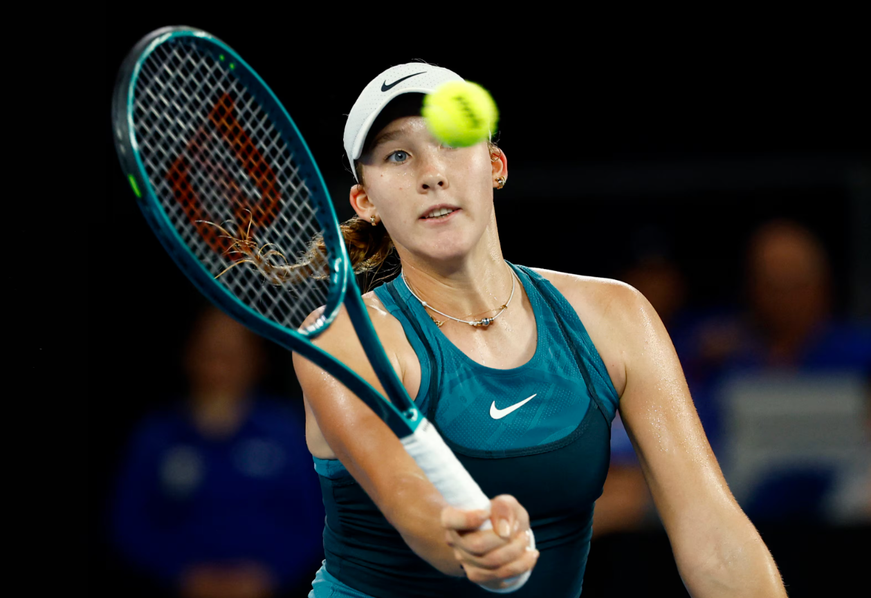 Russia’s Mirra Andreeva in action during her first-round match against Czech Republic’s Marie Bouzkova in the Australian Open at Melbourne Park in Melbourne, Australia, Jan. 12, 2025.