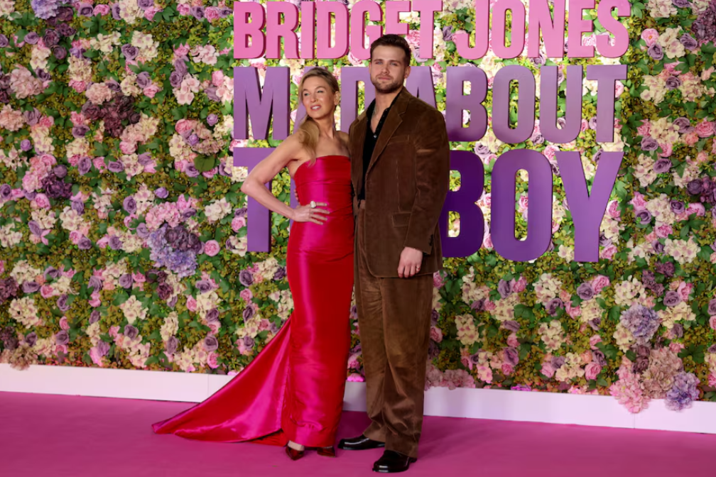 Cast members Renee Zellweger and Leo Woodall attend the world premiere of the film "Bridget Jones: Mad About the Boy" at Leicester Square in London, Britain, Jan. 29, 2025.