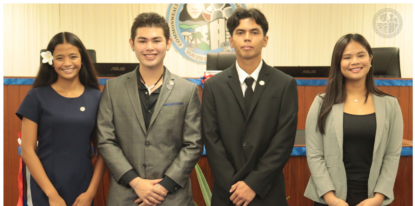 Newly sworn-in Youth Sen. Mathew Salas, second right, poses with Youth Congress Speaker Vinnie Juan Sablan, second left, Floor Leader Maili B. Peter of Mount Carmel School, and Youth Sen. Jia Ross Nicdao of Marianas High School. Not in the photo are Vice Speaker Ayden Yumul of Grace Christian Academy, Youth Sen. Aden Calvo of Dr. Rita H. Inos Jr.-Sr. High School, Legislative Secretary Ysabella V. Palacios of Tinian Jr.-Sr. High School, and Youth Sen. Soledad T. Sablan of Saipan International School.Legislative Bureau photo