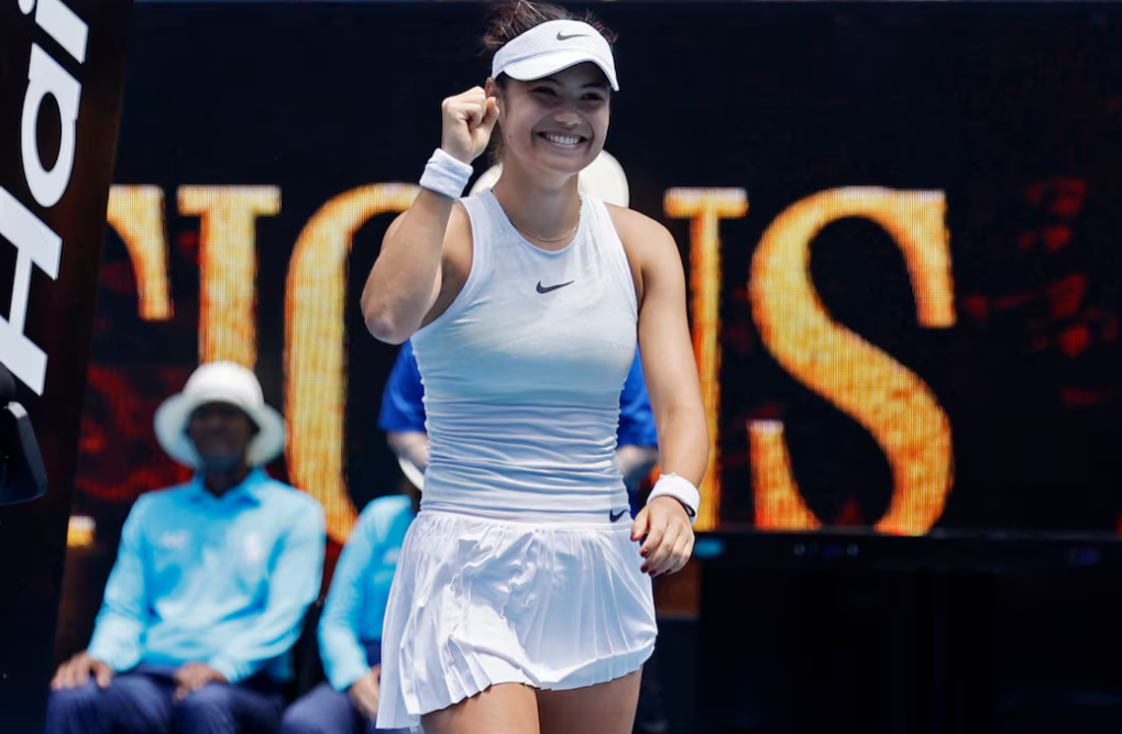 Britain’s Emma Raducanu celebrates winning her second-round match against Amanda Anisimova of the U.S. in the Australian Open at Melbourne Park, Melbourne, Australia, Jan. 16, 2025