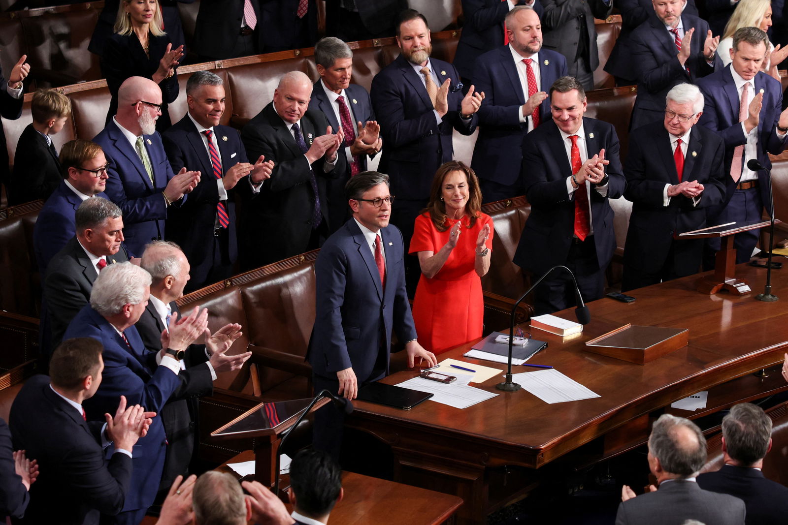 U.S. Rep. Mike Johnson, R-LA, stands, as he is re-elected speaker of the House on the first day of the 119th Congress at the U.S. Capitol in Washington, D.C. on Jan. 3, 2025.