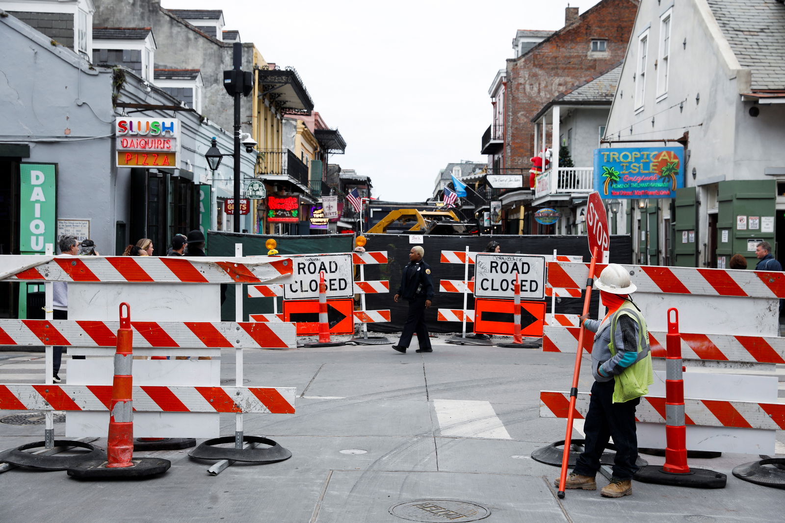 Bourbon Street is blocked to traffic as workers start removing older models of traffic bollards, which the city started to replace, three days after a U.S. Army veteran drove his truck into the crowded French Quarter on New Year's Day in New Orleans, Louisiana, Jan. 4, 2025.