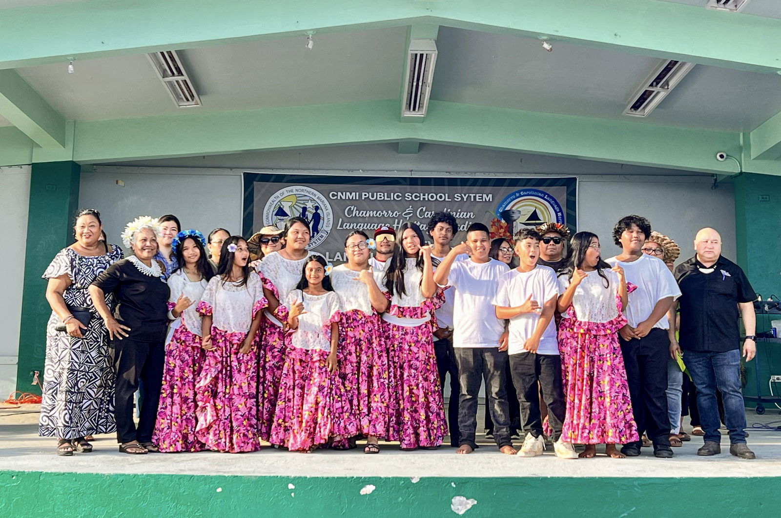 Francisco M. Sablan Middle School students placed third in Chamorro cultural dance and second in Chamorro contemporary dance. With them are Commissioner of Education Dr. Lawrence F. Camacho, FMS Principal Cherly Osung, Federal Programs Officer Jackie Che, Special Education State Director Donna M. Flores, school administrators, and organizing committee members.