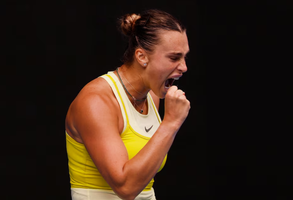 Belarus' Aryna Sabalenka reacts during her second-round match against Spain's Jessica Bouzas Maneiro in the Australian Open at Melbourne Park, Melbourne, Australia, Jan. 15, 2025.