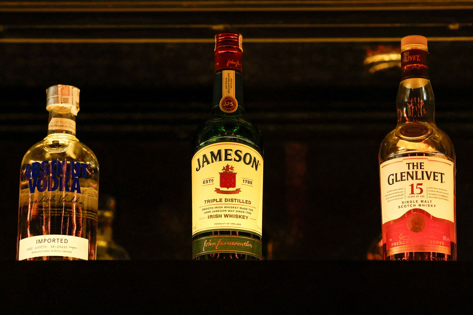Bottles of Pernod Ricard’s brands are displayed at a bar during a photo opportunity, in Gurugram, India, Nov. 26, 2024.
