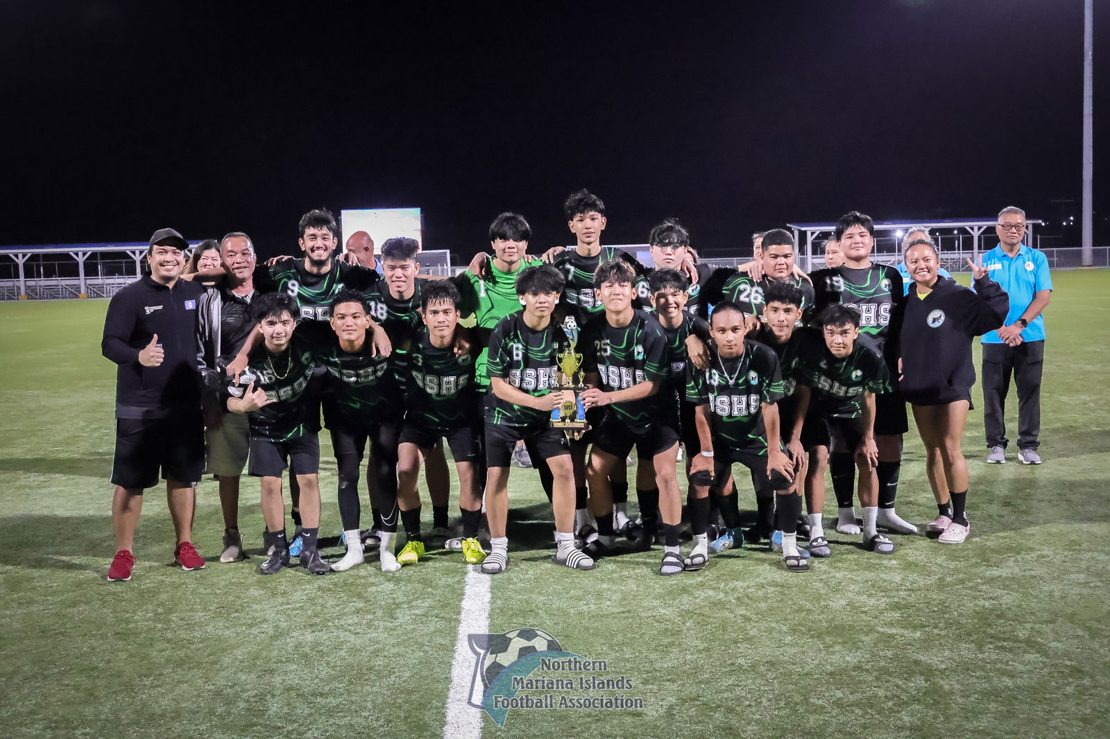 Saipan Southern High School players pose with the 2nd place trophy in the boys high school division of the PSS-NMIFA Interscholastic Soccer League SY4-25 at the NMI Soccer Training Center in Koblerville on Thursday.