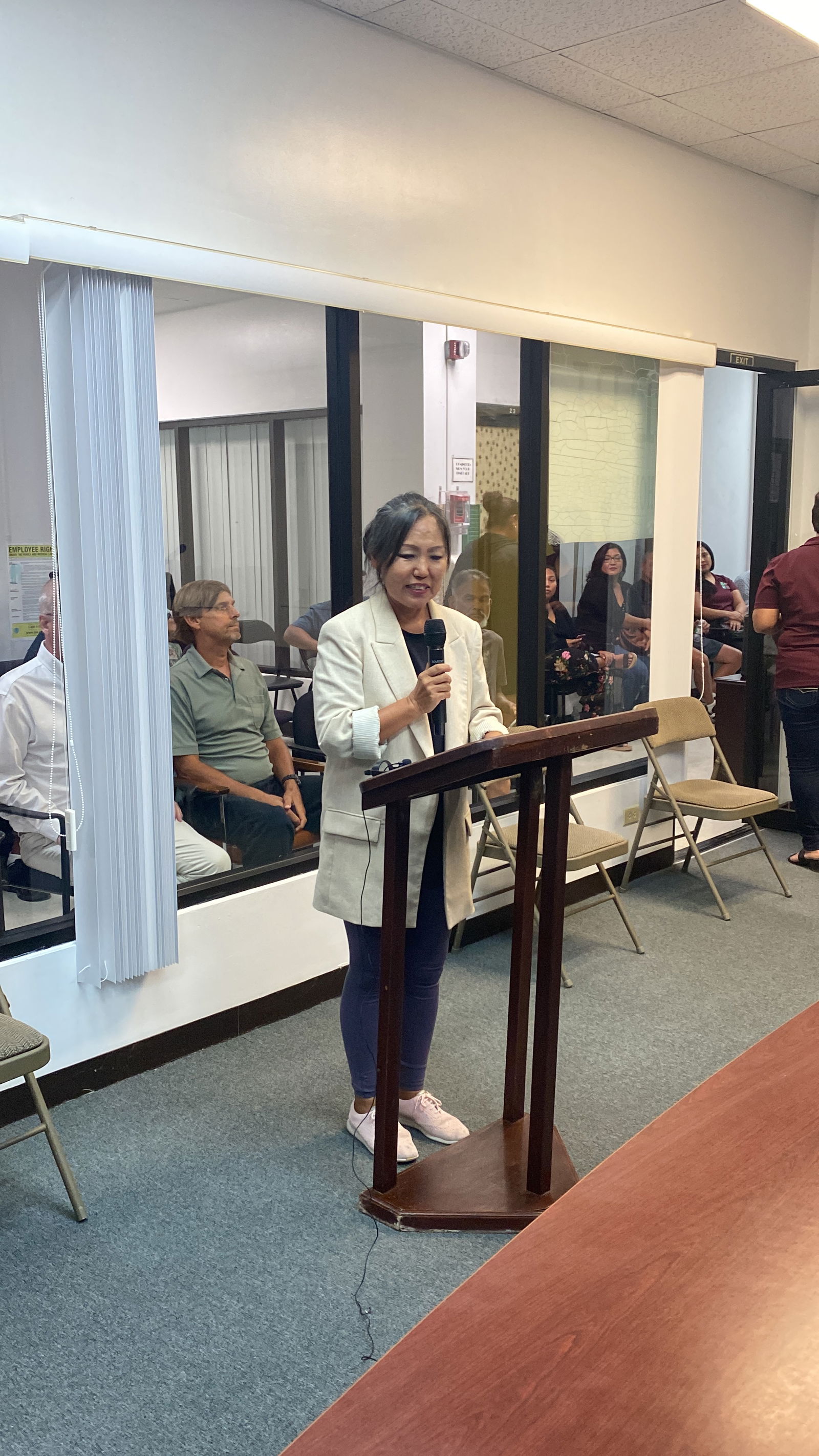 Chung Lee of BSea Inc. speaks at a public meeting organized by the Department of Public Lands on Aug. 16, 2024 regarding proposed changes to the commercial rules and regulations for Managaha. She opposed them.