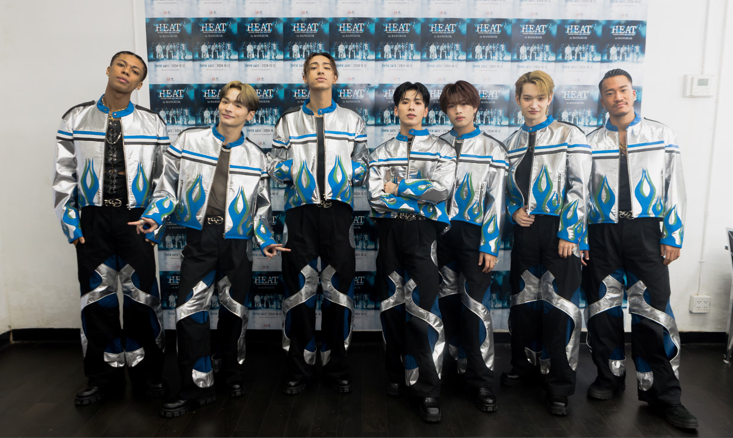 Psychic Fever band members Jimmy, Ryoga, Weesa, Kokoro, Ryushin, Ren, Tsurugi pose for a photograph during their "Heat" tour in Bangkok, Thailand, Oct. 12, 2024.