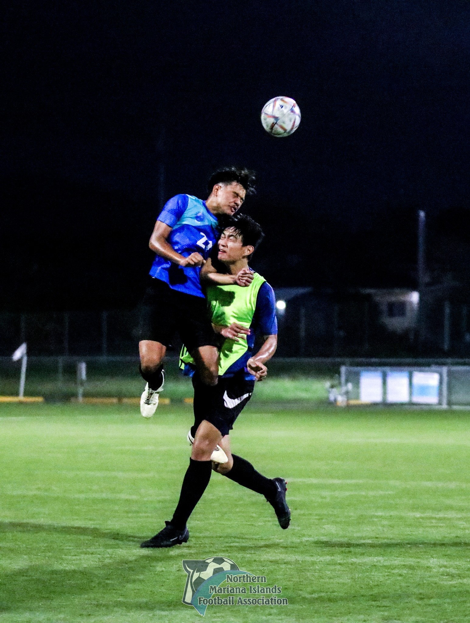 SIS V's Aiden Camacho leaps over a defender in an attempt to intercept the possession with a header during a boys high school division game of the PSS-NMIFA Interscholastic Soccer League SY24-25 at the NMI Soccer Training Center in Koblerville.