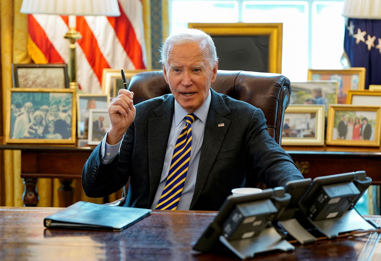 President Joe Biden answers questions from the media at a briefing on the federal response to the wildfires across Los Angeles, in the Oval Office at the White House in Washington, D.C., Jan. 10, 2025.
