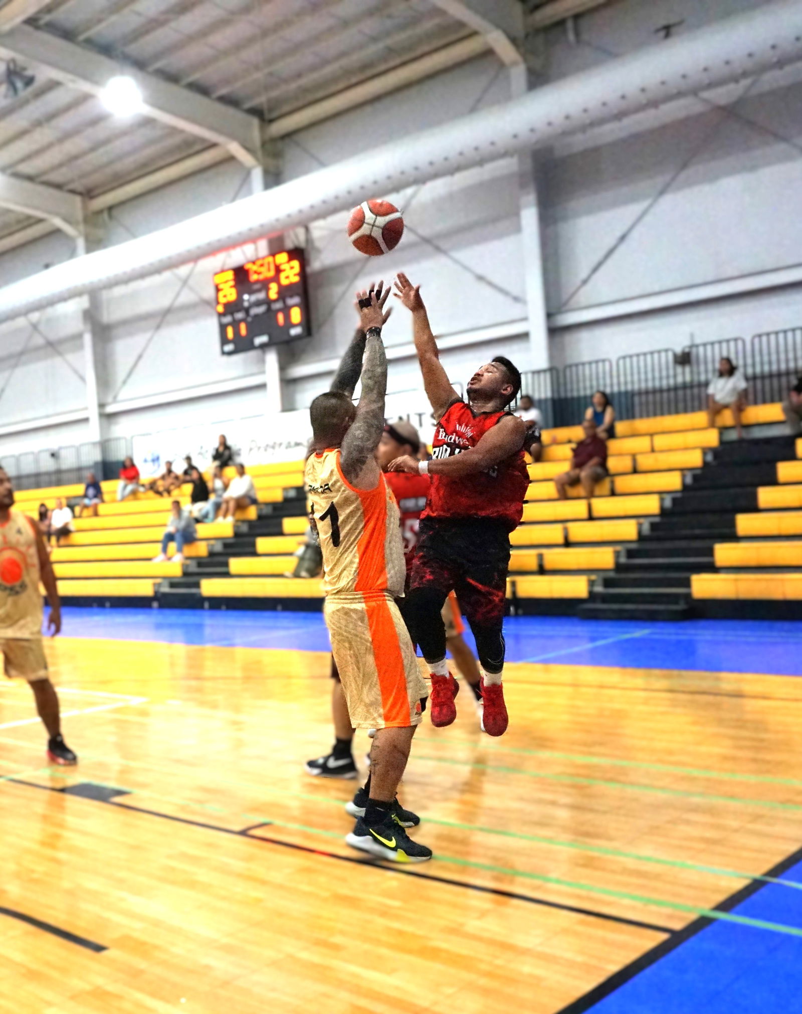 Marpac’s Jeffrey Castro takes the contested floater against PSS’ Peter Mendiola during a quarterfinal game of the 2024 R&J Wine and Liquor Inter-Government/Business League at the Ada gym on Monday.