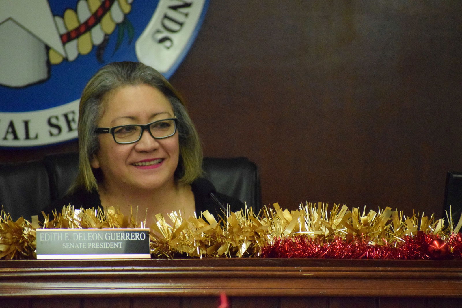 Senate President Edith Deleon Guerrero smiles as she delivers her farewell address during the sine die session on Friday.