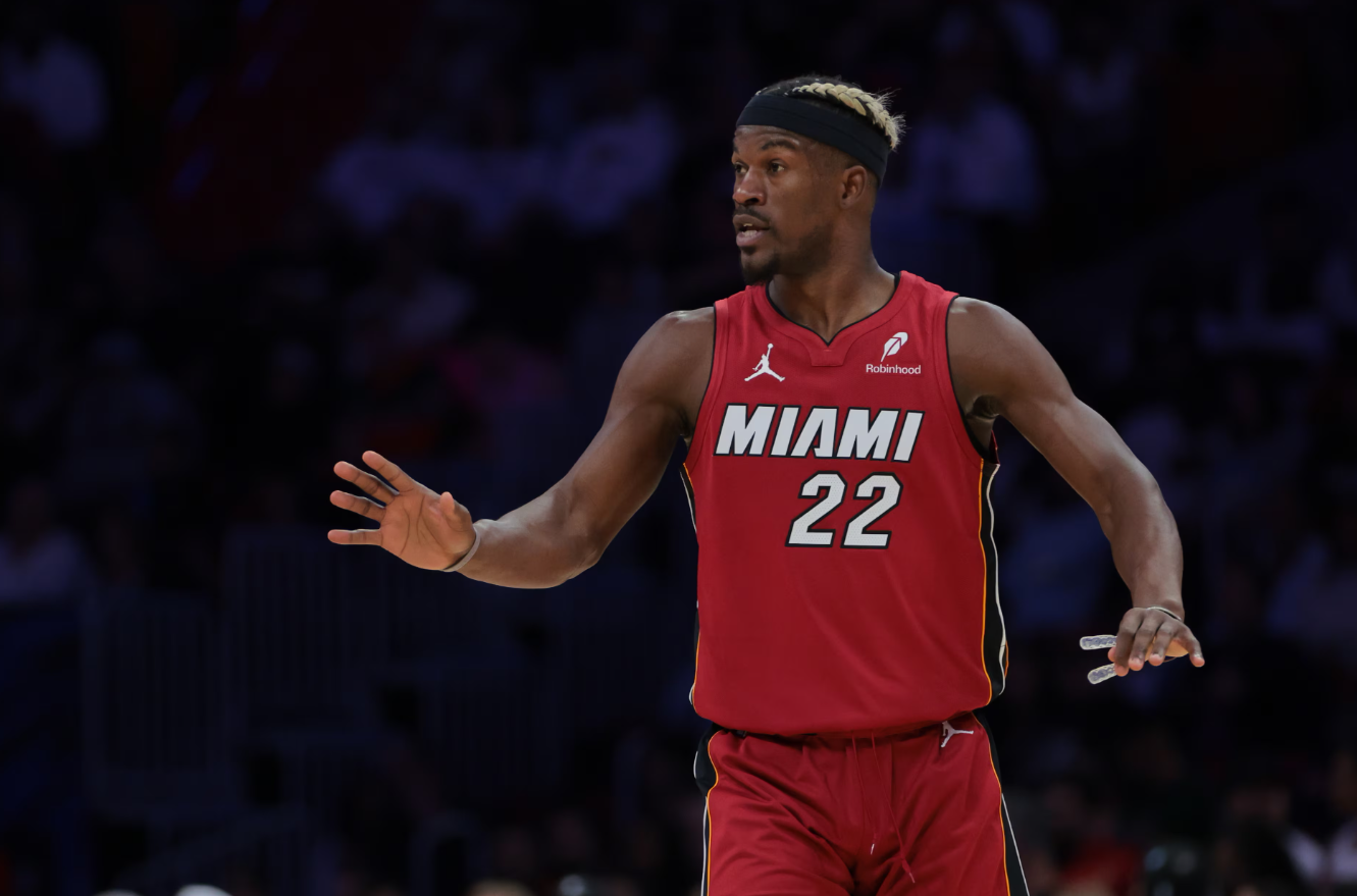 Miami Heat forward Jimmy Butler (22) reacts against the Portland Trail Blazers during the third quarter at Kaseya Center in Miami, Florida, Jan. 21, 2025.