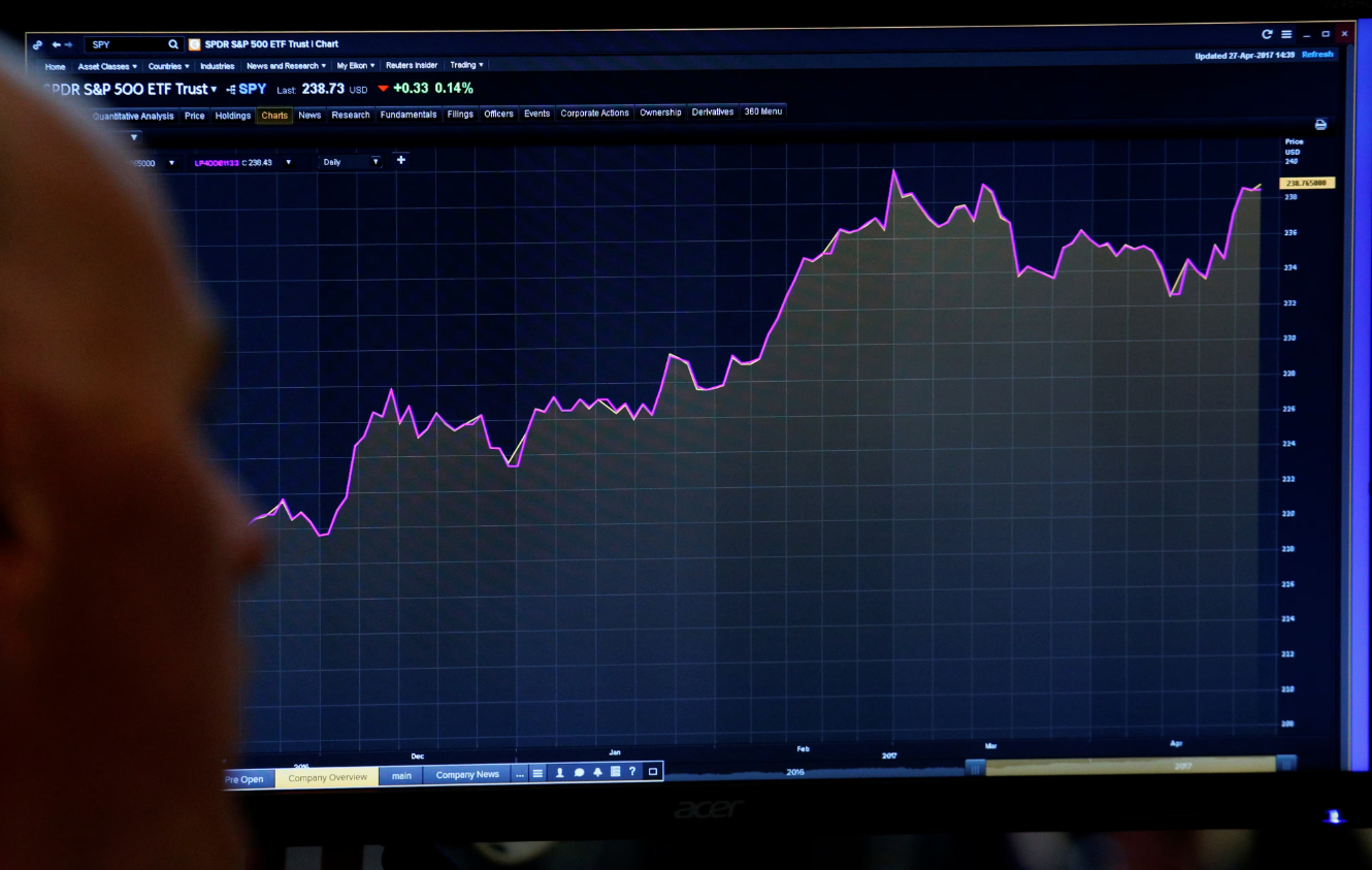 A trader looks at a screen that charts the S&P 500 on the floor of the New York Stock Exchange in New York, April 27, 2017.