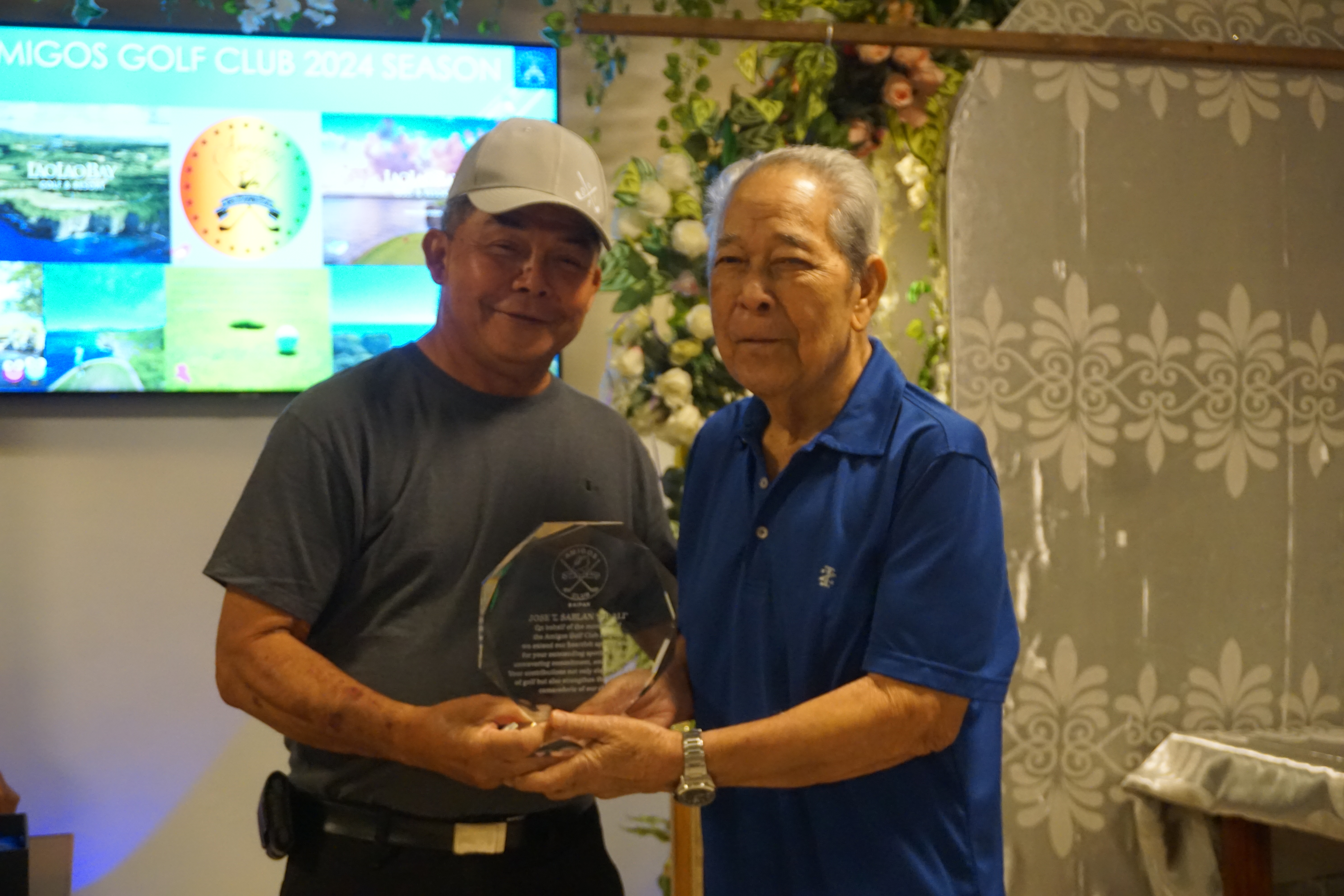 Jose "Pilali" T. Sablan was recognized not only for his talent, but for his never-ending support as the oldest member of the Amigos Golf Club. He was awarded a trophy of appreciation during the club’s annual awards banquet held Friday at Pepoy's Cafe & Restaurant. The trophy reads: "On behalf of the members of the Amigos Golf Club Saipan, we extend our heartfelt appreciation for your outstanding sportsmanship, unwavering commitment, and dedication. Your contributions not only elevate the game of golf but strengthen the spirit and camaraderie of our club." Photo shows Sablan receiving the trophy from Amigos Golf Club President Joe Torres.