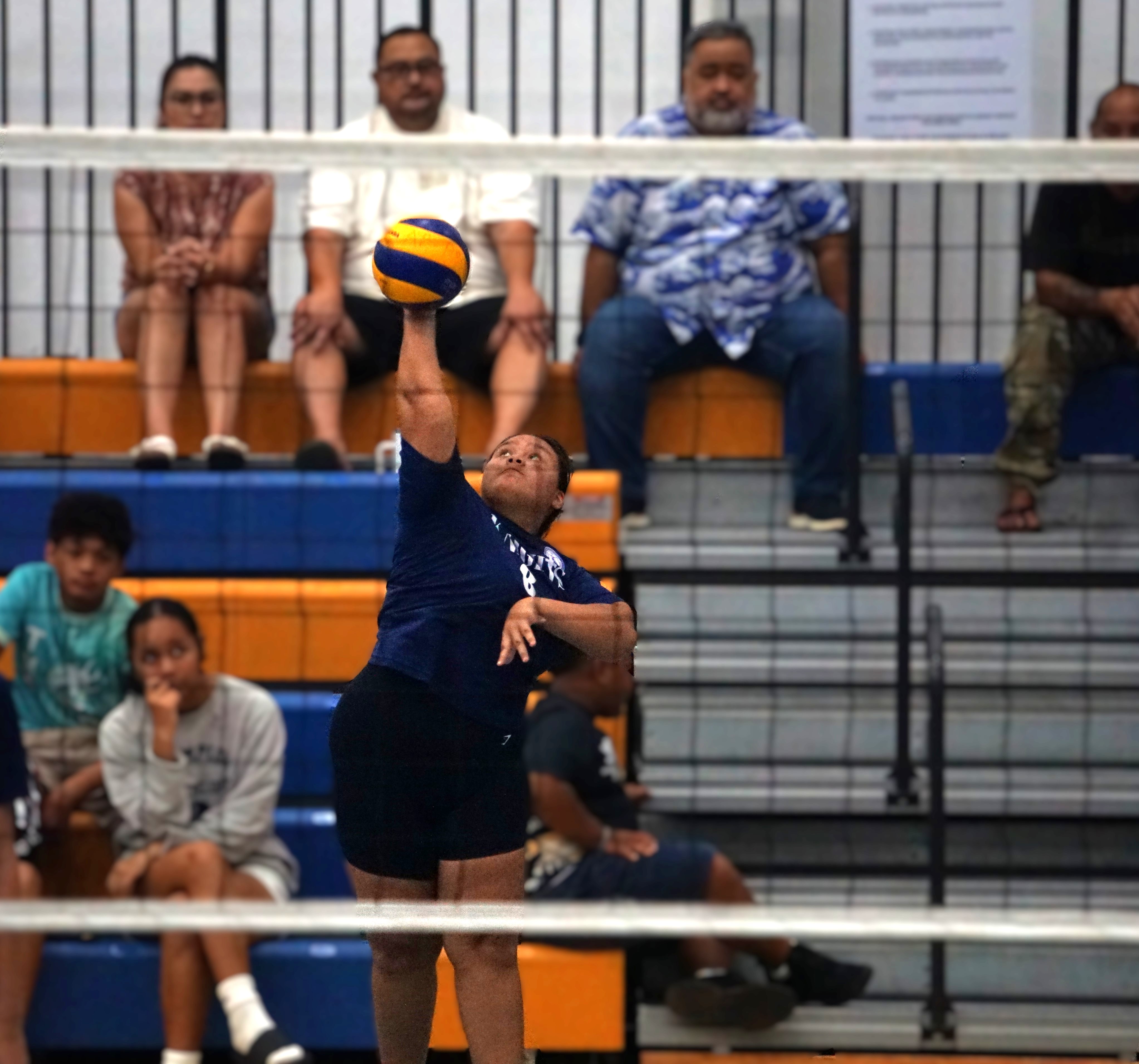 MCS’ Caydince Masga connects the overhead serve against Tanapag Middle School during the championship match in the girls middle school division of the PSS-NMIVA Interscholastic Volleyball League SY24-25 at the Marianas High School gym on Saturday.