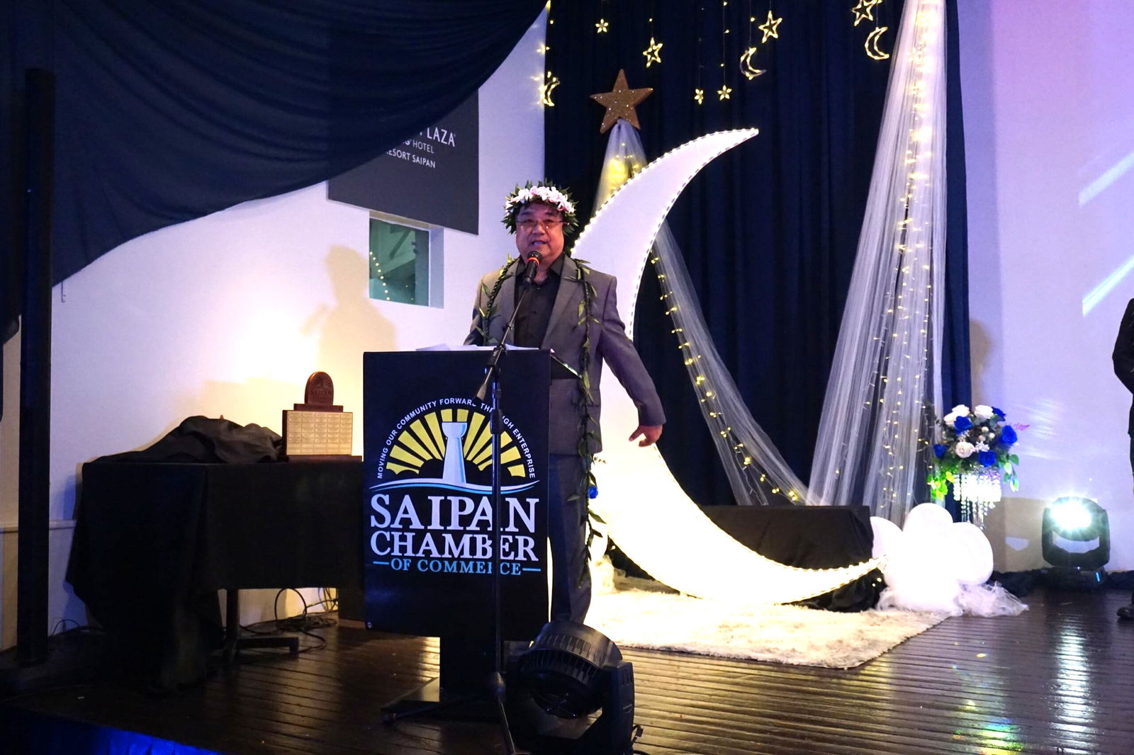 Frank Ada, the Saipan Chamber of Commerce Business Person of the Year, delivers his acceptance speech.
