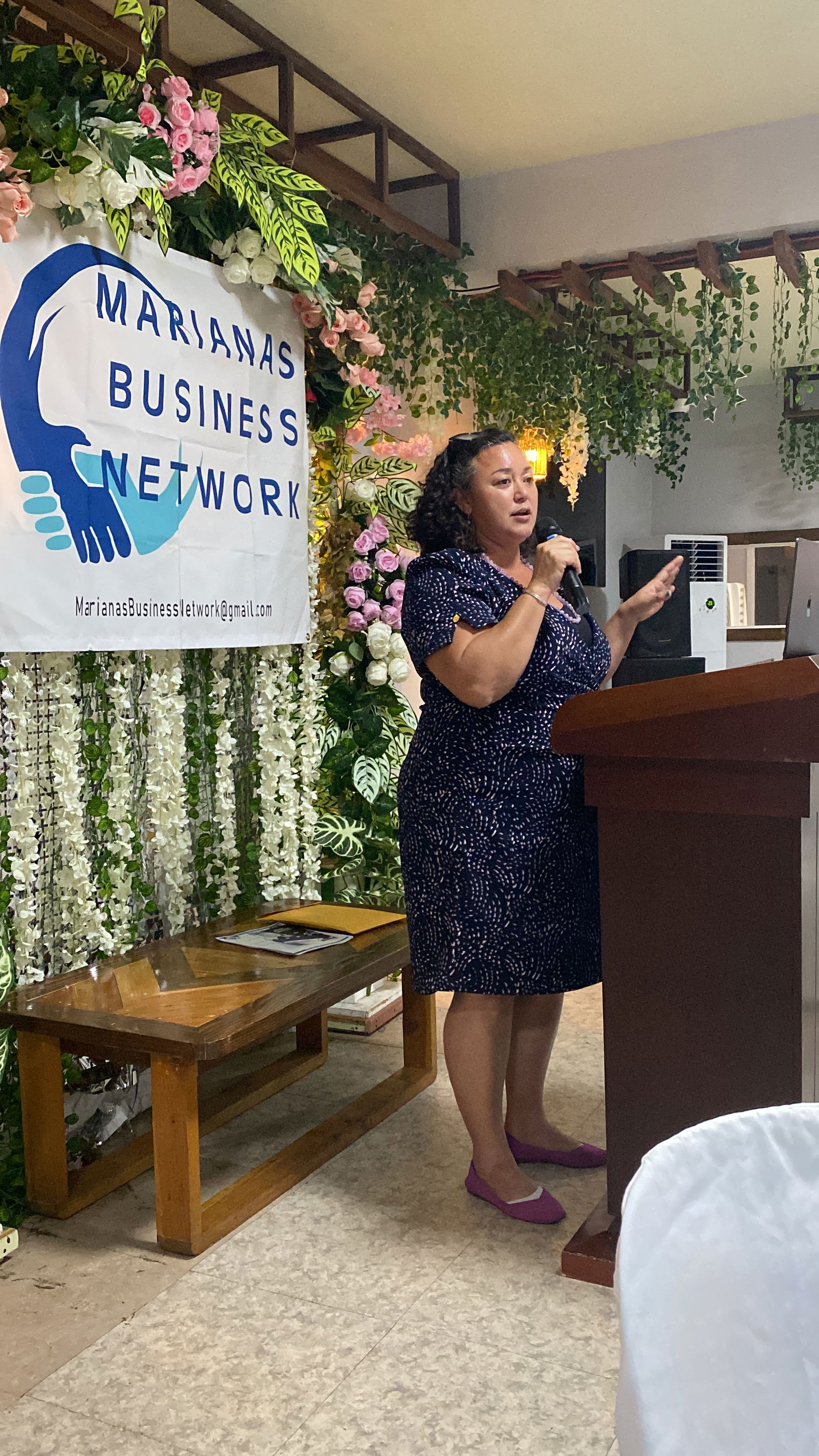 CNMI Department of Labor Secretary Leila Staffler speaks during a “collaborative dialogue” organized by the Marianas Business Network at Pepoy’s Restaurant on Thursday, Feb. 13.