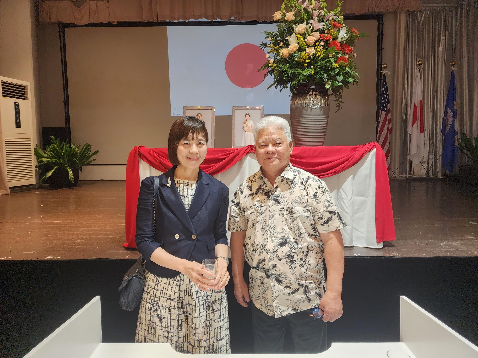Consul Akiko Tejima of Japan, left, and Gov. Arnold I. Palacios at the 65th birthday celebration of Japanese Emperor Naruhito at the Fiesta Hall of Grandvrio Resort Saipan on Thursday, Feb. 13, 2025.