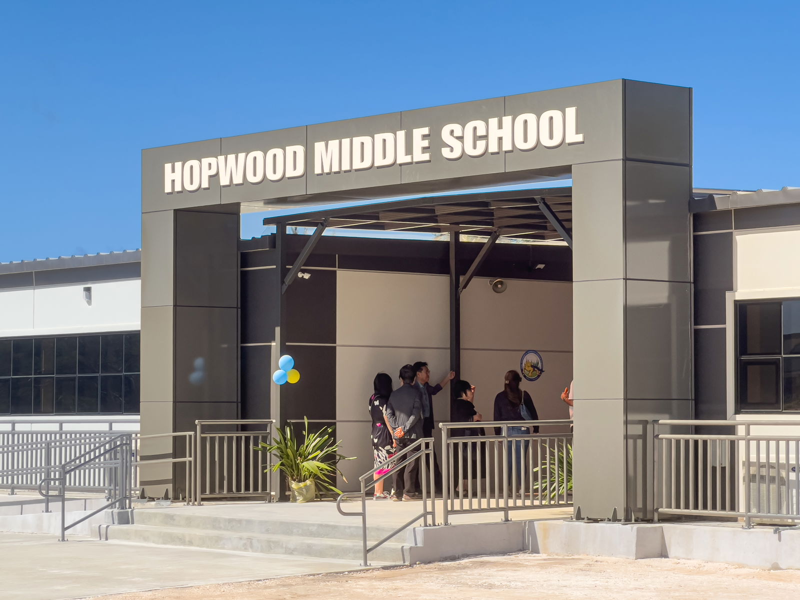 The new building’s entrance.