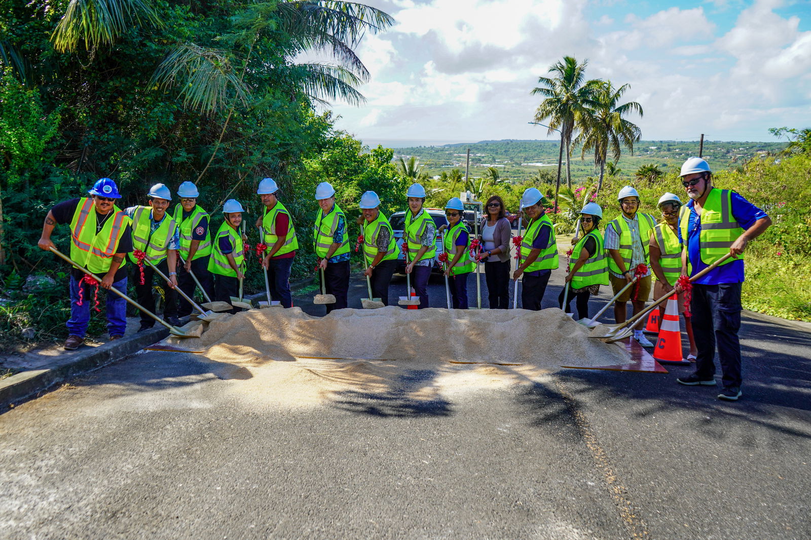 Local leaders, project partners, and community members gathered at Carolinas Heights, Tinian, to celebrate the groundbreaking of the much-anticipated Carolinas Heights waterline replacement project.  In photo are Tinian Mayor Edwin Aldan, Chairman Joseph Santos of the Tinian Municipal Council, Vice Chairwoman Ana Marie San Nicolas, Councilman Estevan Cabrera, CUC Executive Director Kevin Watson, and Michael Sheu of Hong Ye Construction, along with members of CUC and Tinian Mayor’s Office staff.CUC photo