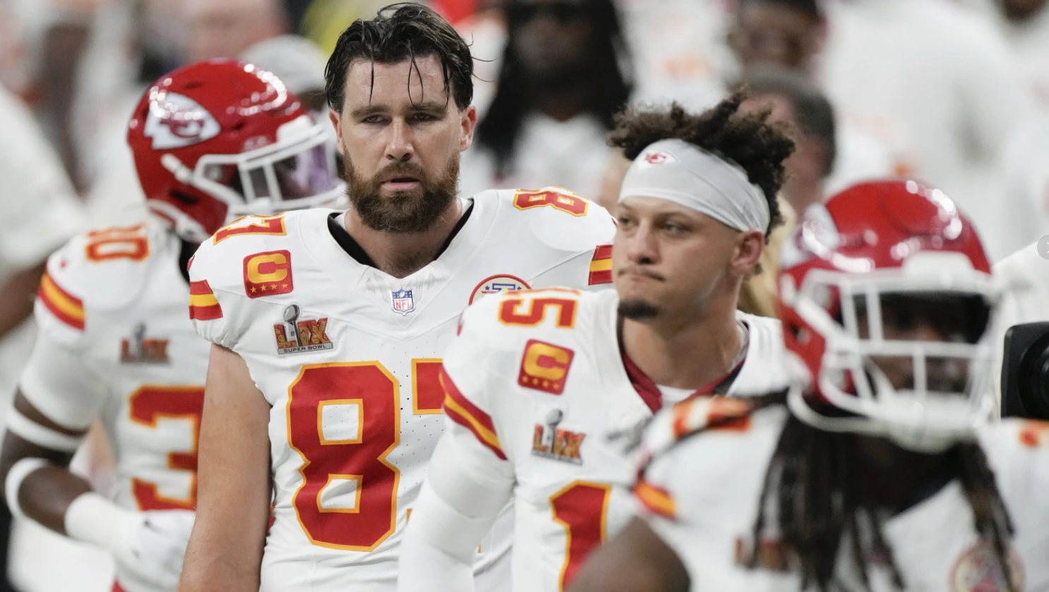 Kansas City Chiefs tight end Travis Kelce, quarterback Patrick Mahomes and running back Kareem Hunt walk off the field at the halftime break during the NFL Super Bowl 59 game against the Philadelphia Eagles on Sunday, Feb. 9, 2025 in New Orleans.AP