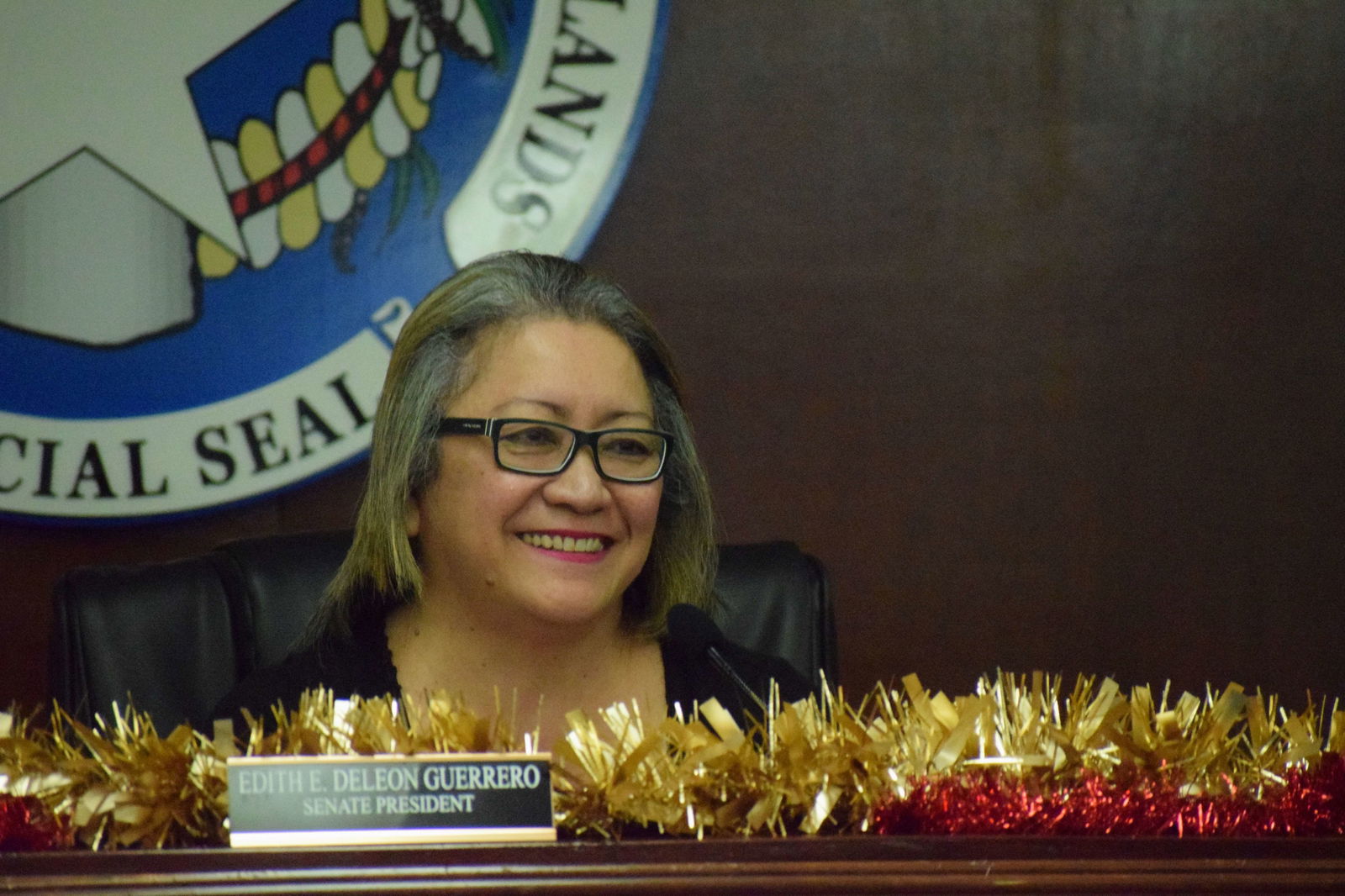 Former Senate President Edith Deleon Guerrero smiles during the sine die session of the 23rd Senate on Jan. 3, 2025.
