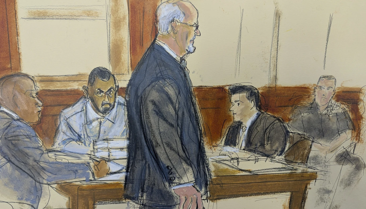 In this courtroom sketch, Hadi Matar, second from left, stares at Salman Rushdie as he walks into court to testify at Chautauqua County Court, Tuesday, Feb. 11, 2025 in Maryville, N.Y.