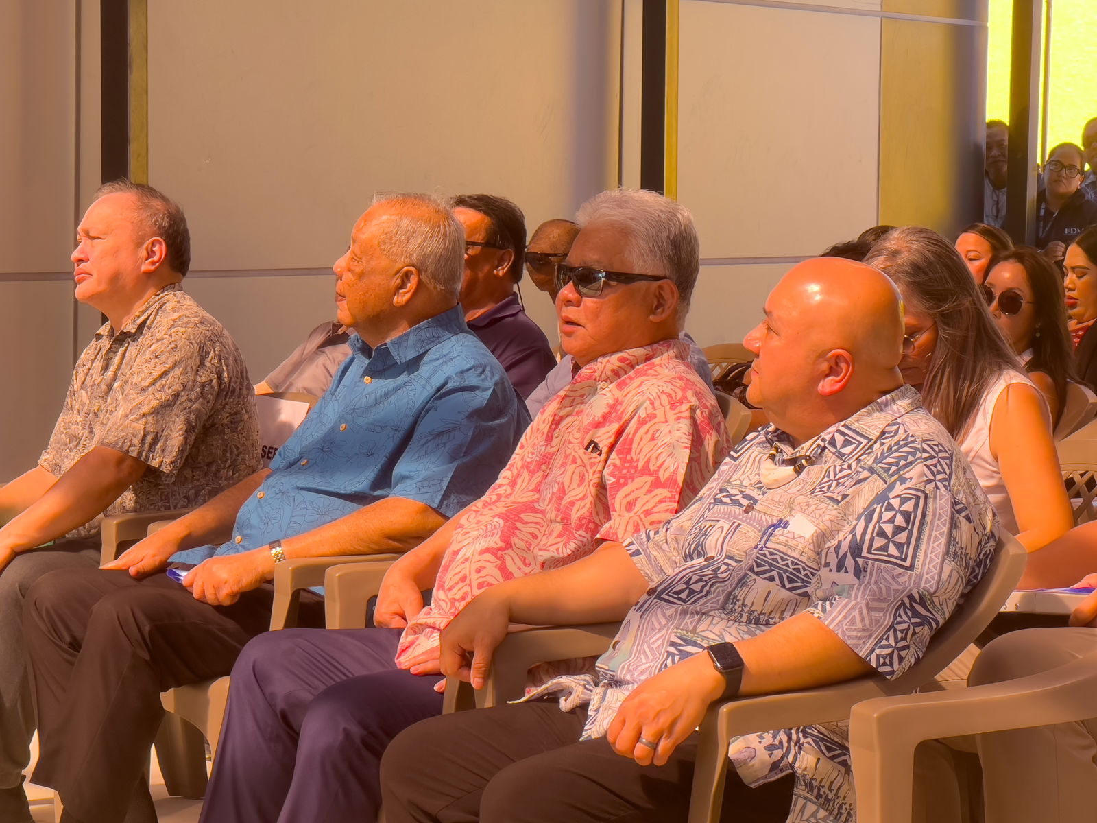 From left, Board of Education member Andrew L. Orsini, Lt. Gov. David M. Apatang, Gov. Arnold I. Palacios, and Commissioner of Education Dr. Lawrence F. Camacho. Also in photo, partly hidden, are Saipan Mayor RB Camacho and BOE Teacher Rep. Dr. Dora Miura.PSS photo