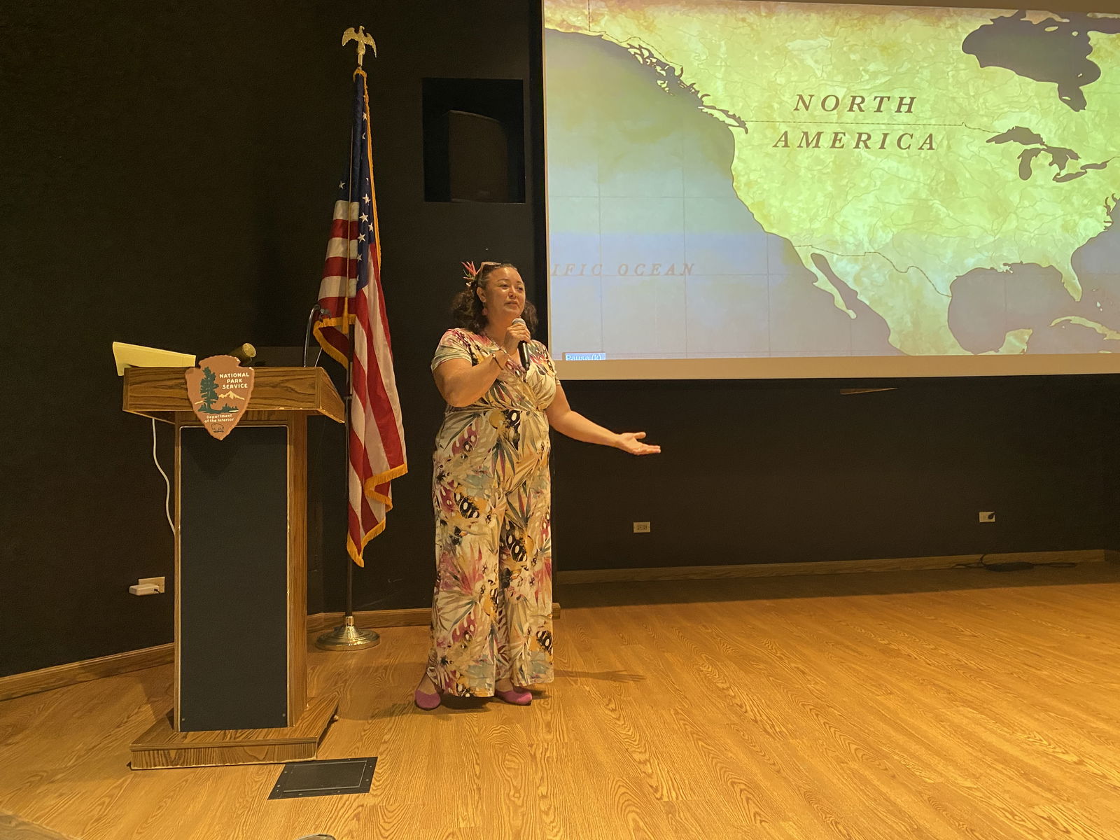 Leila Staffler speaks to the crowd on Saturday, Feb. 8 at American Memorial Park, where she debuted her film “Exploring Latte in the Marianas: Aguiguan, Rock Art, and the Last Chamorro Stand.”