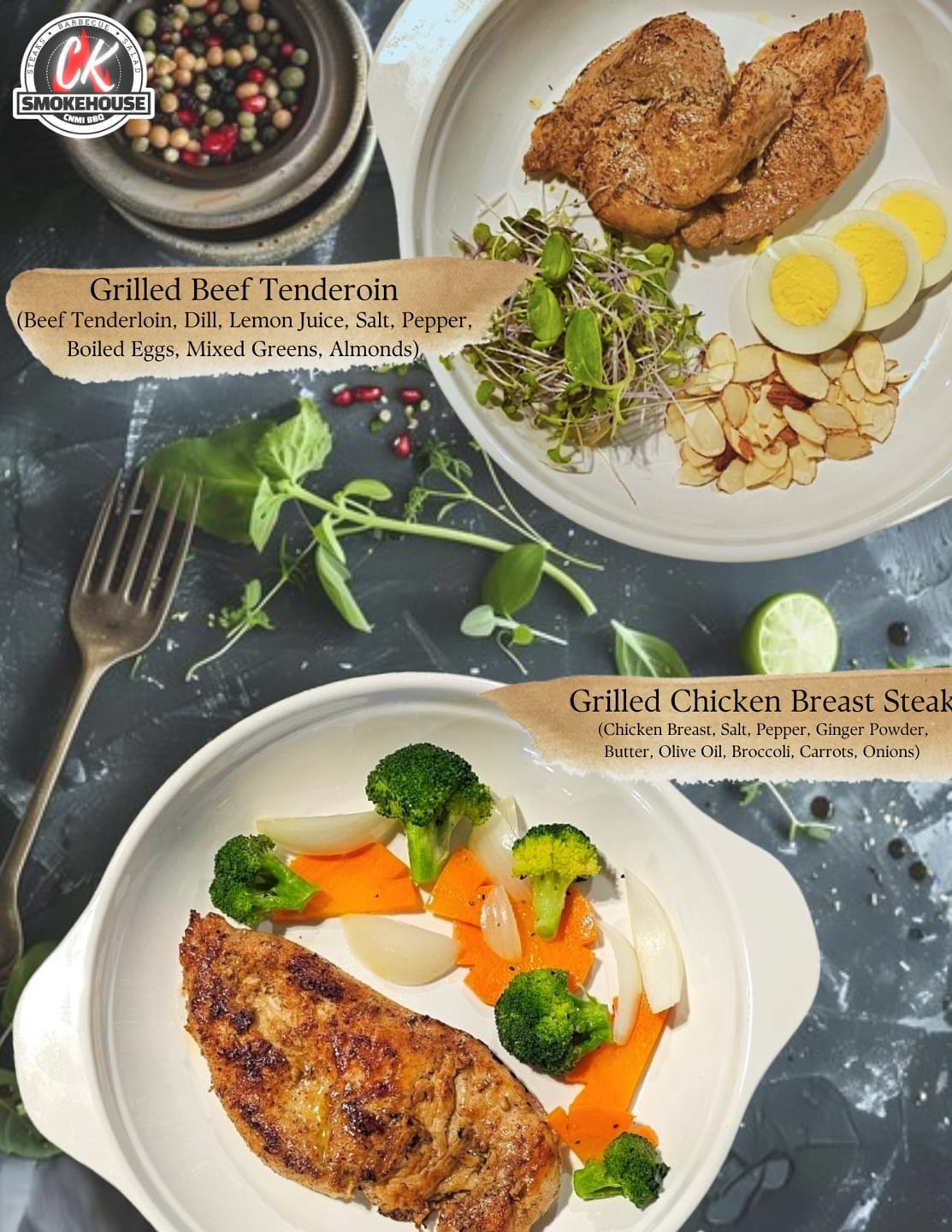 CK Smokehouse Restaurant's grilled beef tenderloin and grilled chicken breast steak