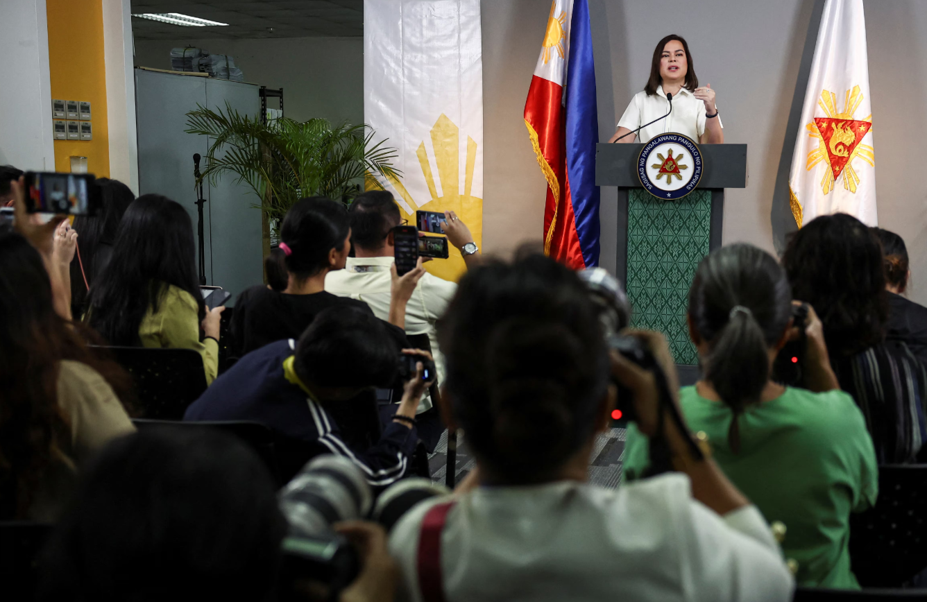Philippine Vice President Sara Duterte delivers a statement following her impeachment by the lower house of Congress, in her office at Mandaluyong City, Metro Manila, Feb. 7, 2025.