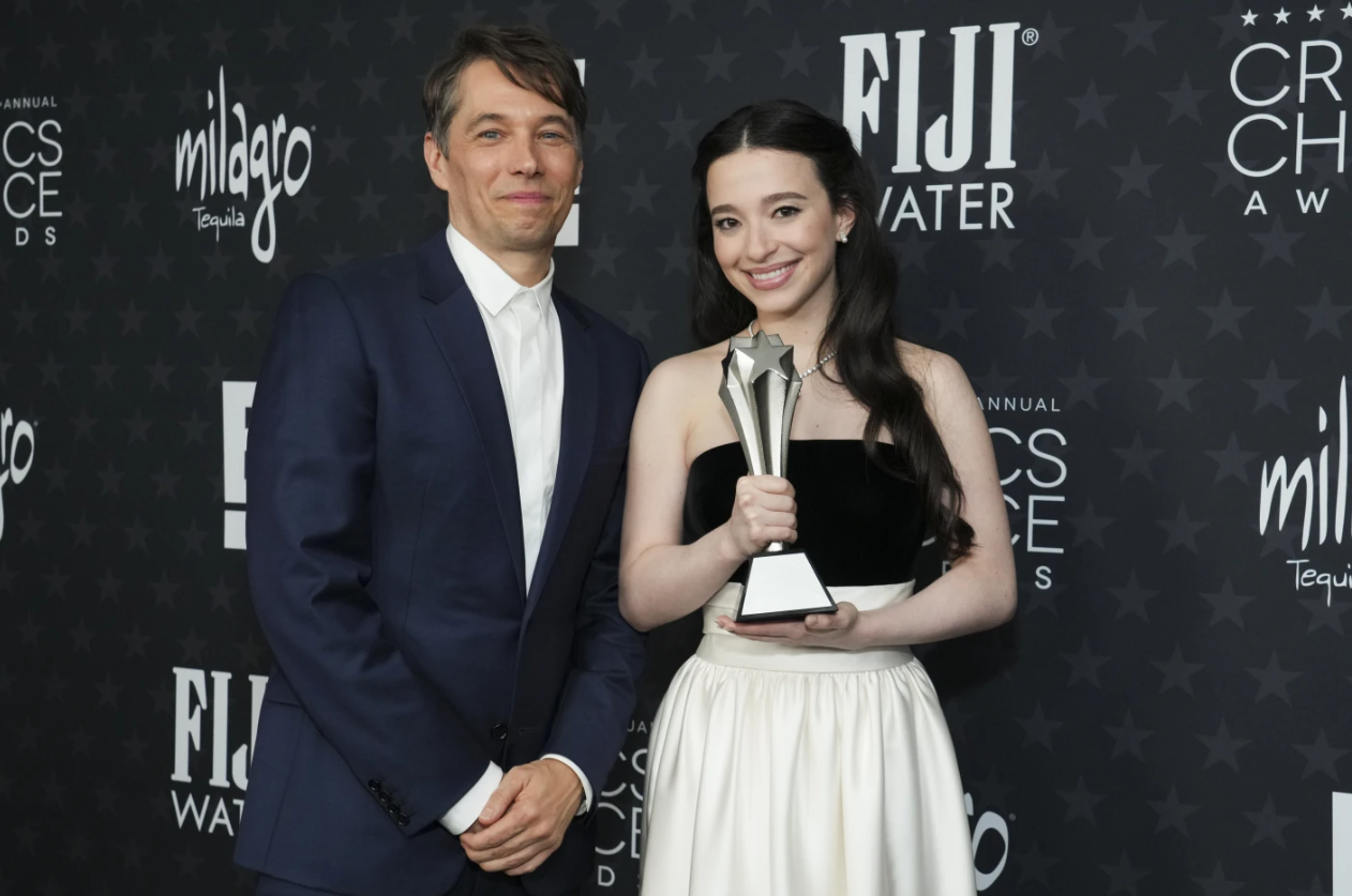 Sean Baker, left, and Mikey Madison, winners of the best picture award for “Anora,” pose in the press room during the 30th Critics Choice Awards on Friday, Feb. 7, 2025 at the Barker Hangar in Santa Monica, Calif.