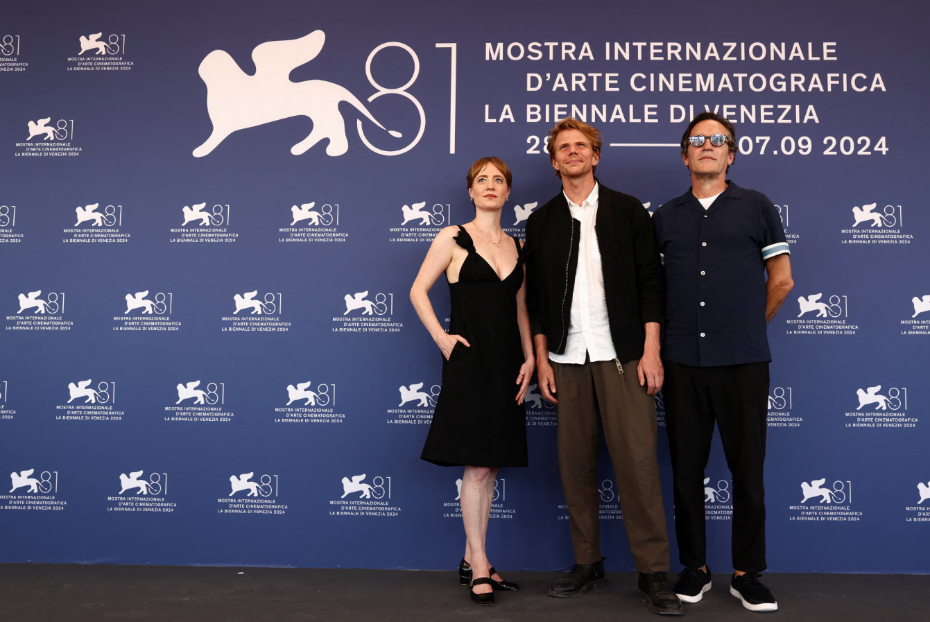 Director Tim Fehlbaum and cast members Leonie Benesch and Ben Chaplin pose during a photocall for the movie "September 5," Orizzonti section, at the 81st Venice Film Festival, Venice, Italy, Aug. 29, 2024.