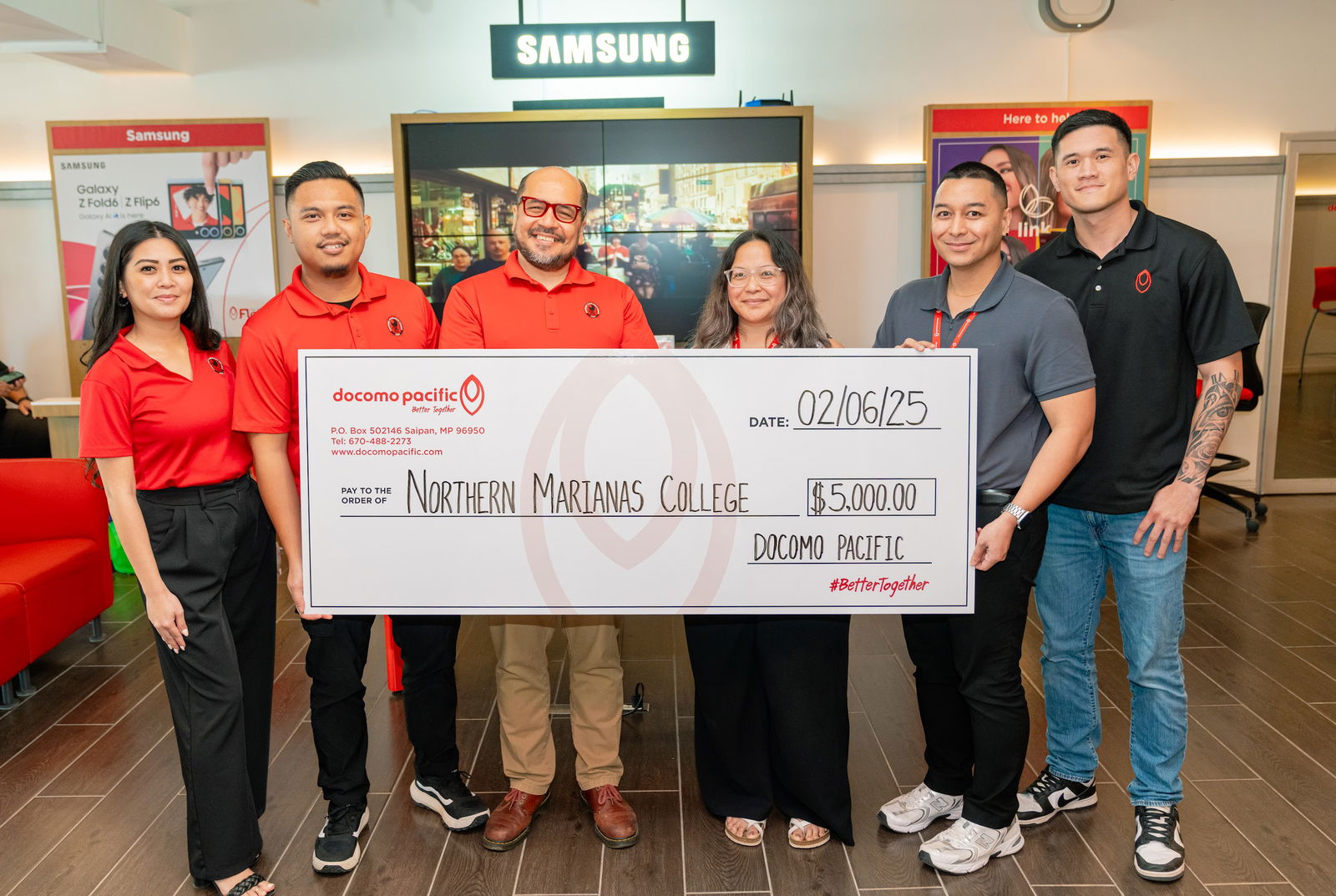 Docomo Pacific has donated $5,000 in cash and in-kind contributions to the Northern Marianas College Foundation for the upcoming NMC Golf Open. From left, NMC Associate Director Verna Deleon Guerrero Tudela, CNMI SBDC Marketing Manager Roman Tudela, NMC President Galvin Deleon Guerrero, EdD, Docomo Pacific Senior Manager of Consumer Sales Nicole Babauta, Docomo Pacific CNMI Brand Manager Brent Deleon Guerrero, and Docomo Pacific CNMI Store Manager Shane Deleon Guerrero.NMC photo