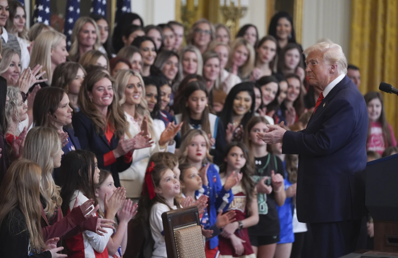 In the East Room of the White House on Wednesday, Feb. 5, 2025, President Donald Trump speaks before signing an executive order barring transgender female athletes from competing in women’s or girls’ sporting events.