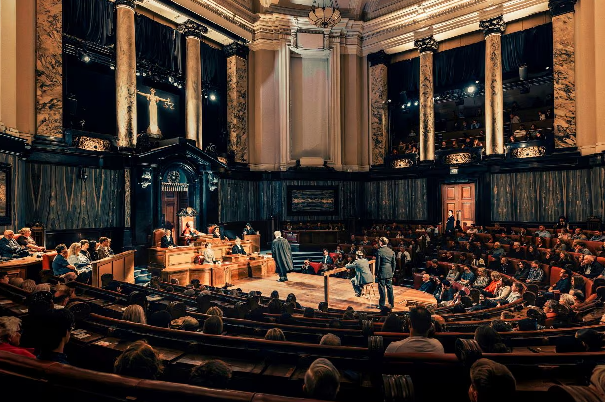 Actors take part in a performance of Witness for the Prosecution at London County Hall, in London, Britain in this handout picture obtained by Reuters on Jan. 31, 2025.