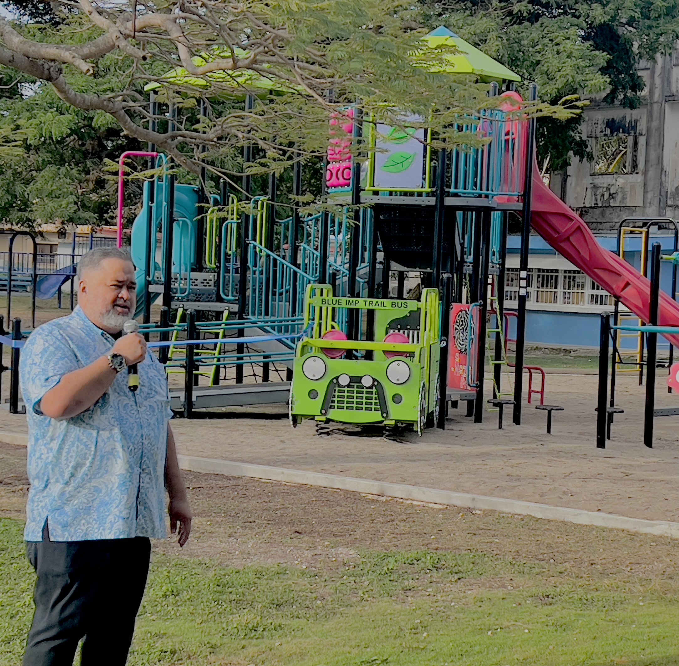 MCS President John Blanco delivers his remarks during Friday’s ribbon-cutting ceremony for the school’s ARPA-funded playground.