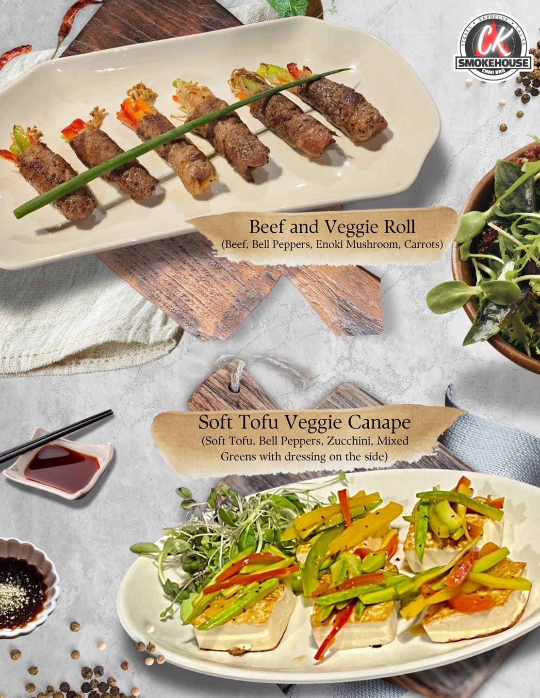 Soft tofu canape, beef and veggie roll