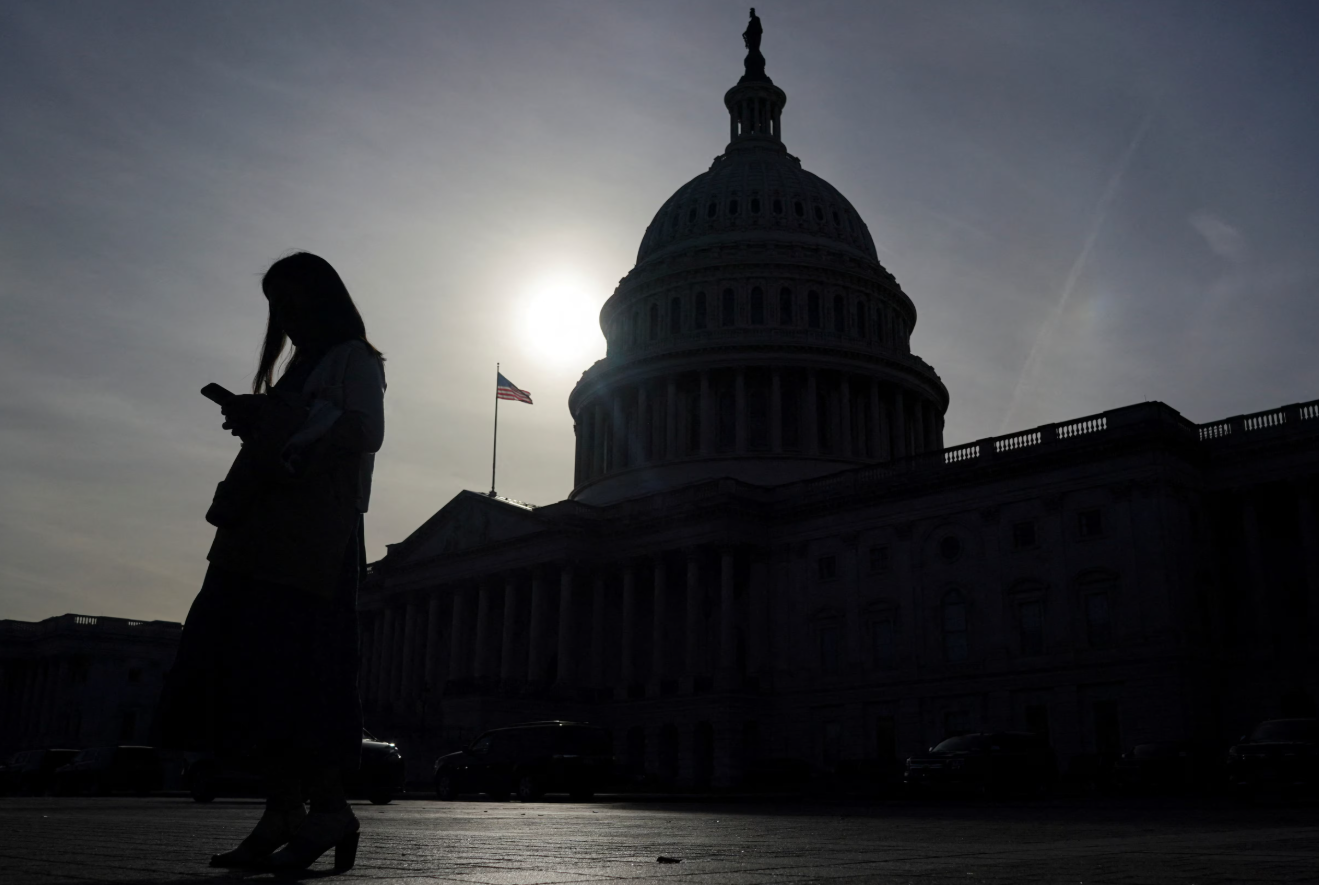 A woman uses a mobile phone with the U.S. Capitol in the background on Capitol Hill in Washington, D.C., Nov. 13, 2024.